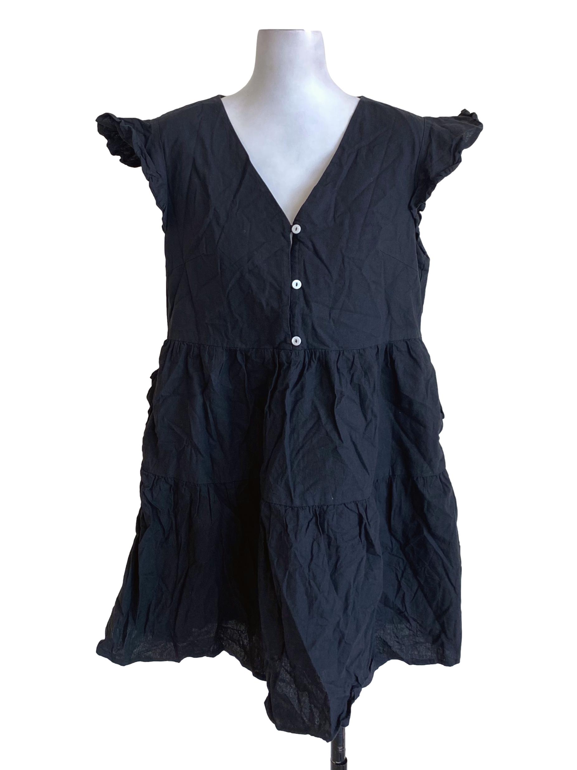 Black V-Neck Ruffle Sleeved Buttoned Down Layered Dress