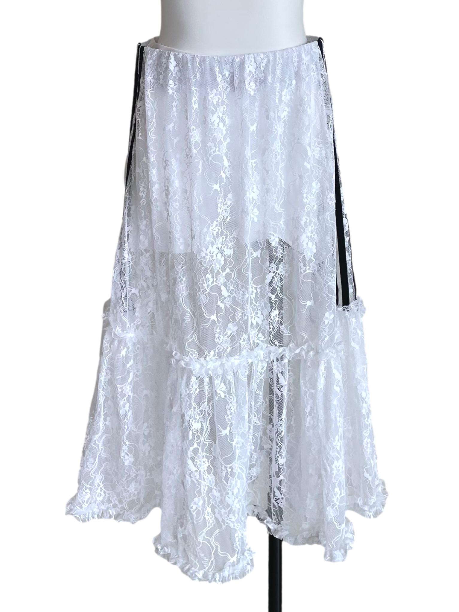 White Three Stripes Tiered Lace Skirt