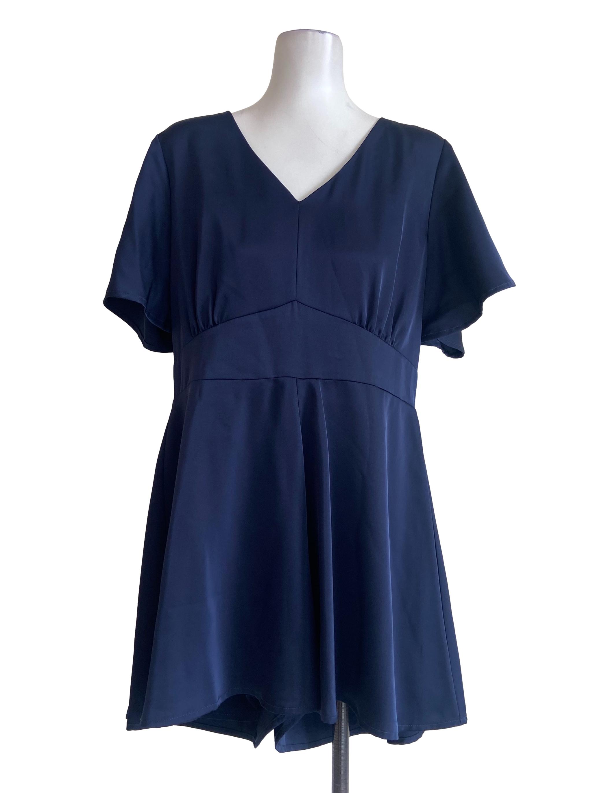 Navy Blue V Neck Silk Rompers