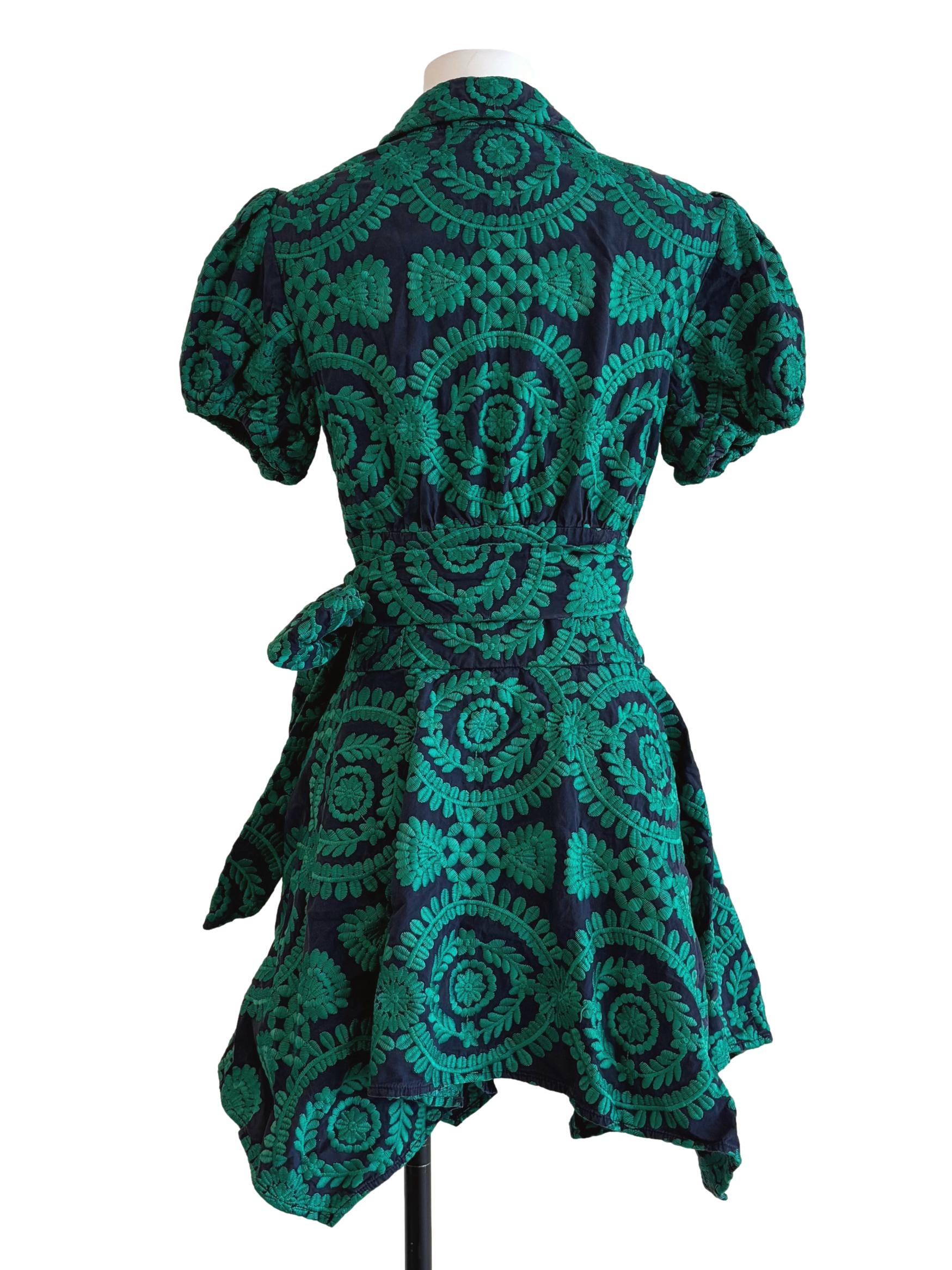 Forest Green Puff Sleeve Embroidered Wrap Dress
