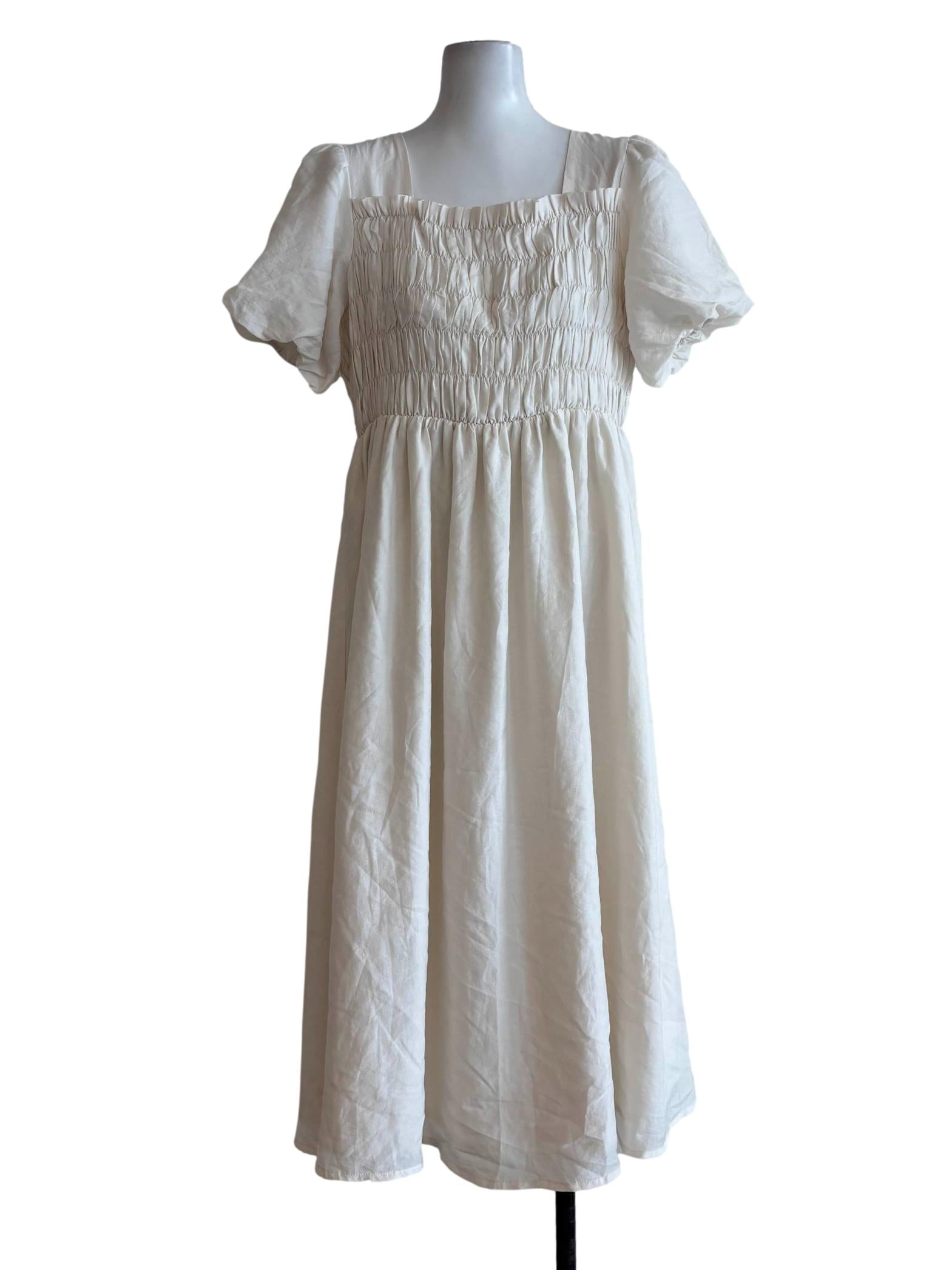 White Shortsleeve Smocked Waist Dress