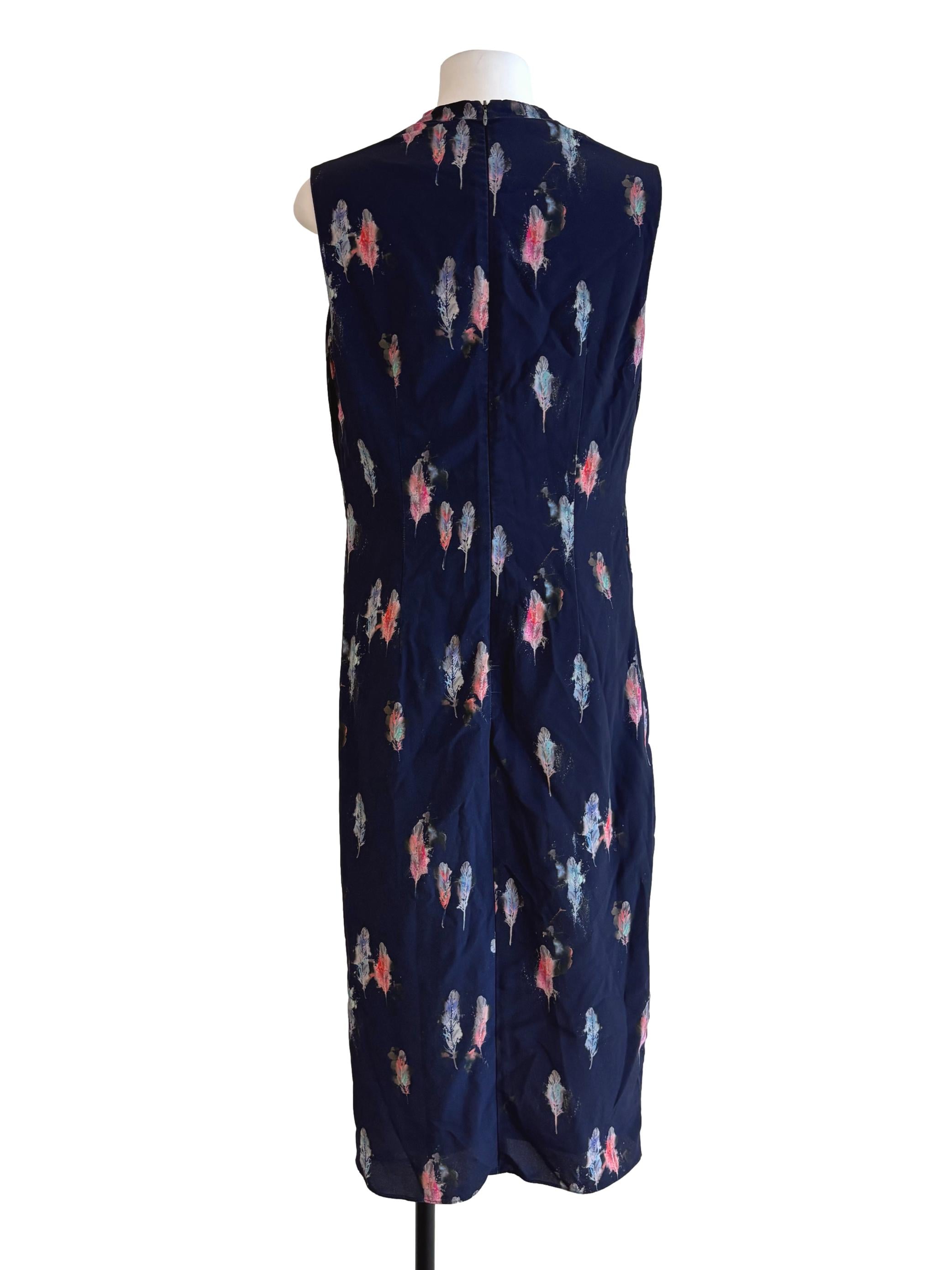 Navy Blue Feather Print Sleeveless Dress