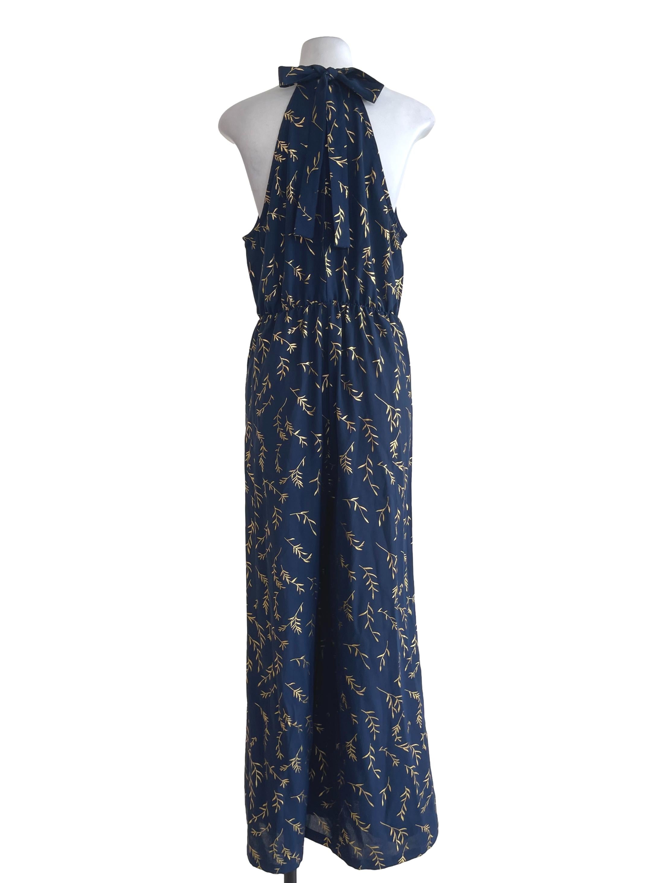 Navy Blue With Golden Printed Leaves Jumpsuit
