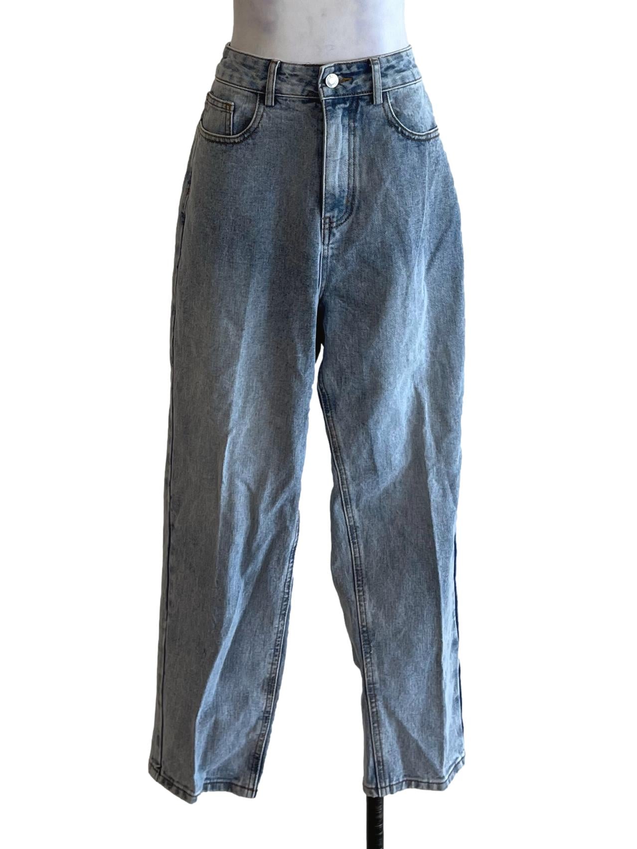Sky Blue Plain Wide-Leg Jeans