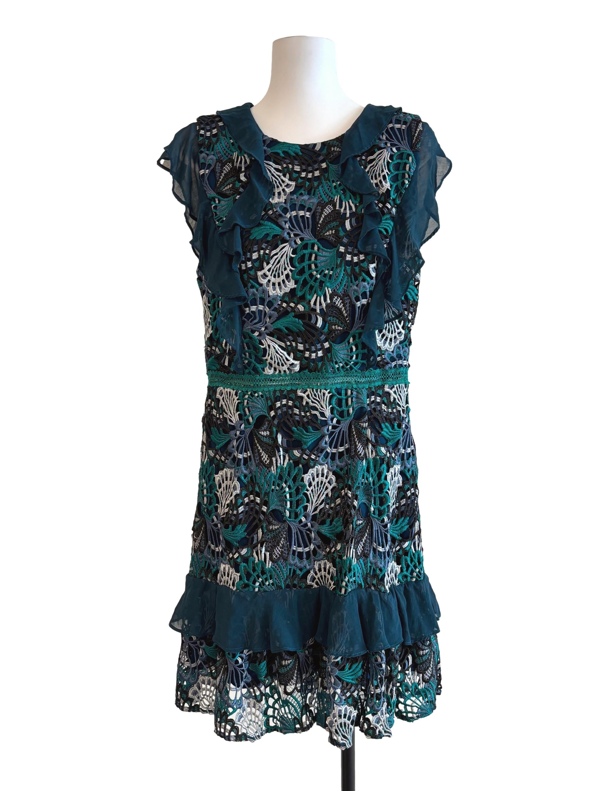 Teal Green Floral Lace Ruffle Dress