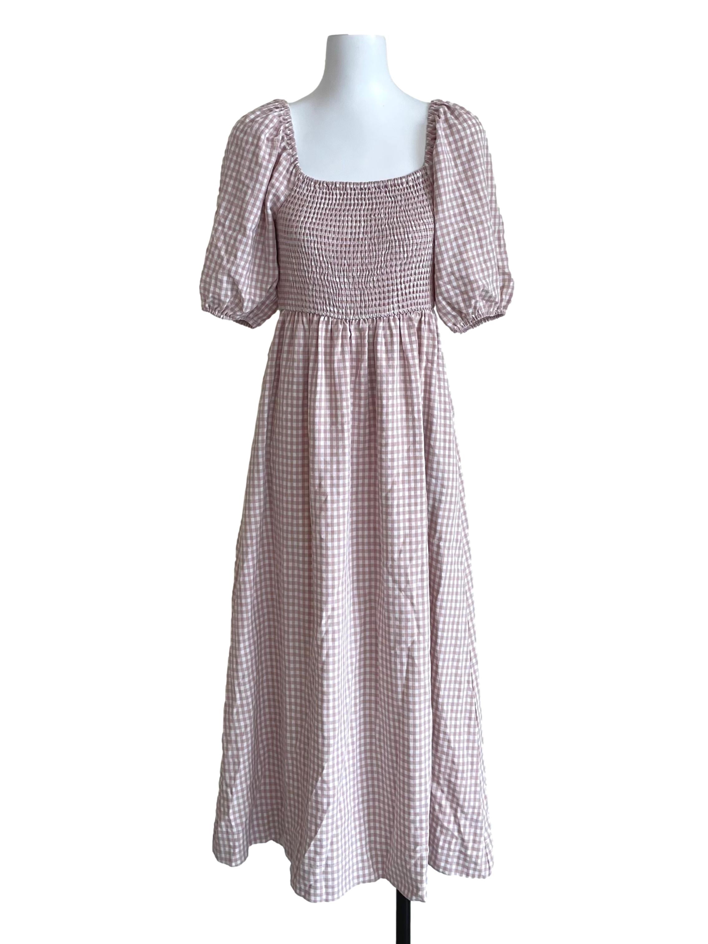 Mauve Pink Gingham Shirred Peasant Dress