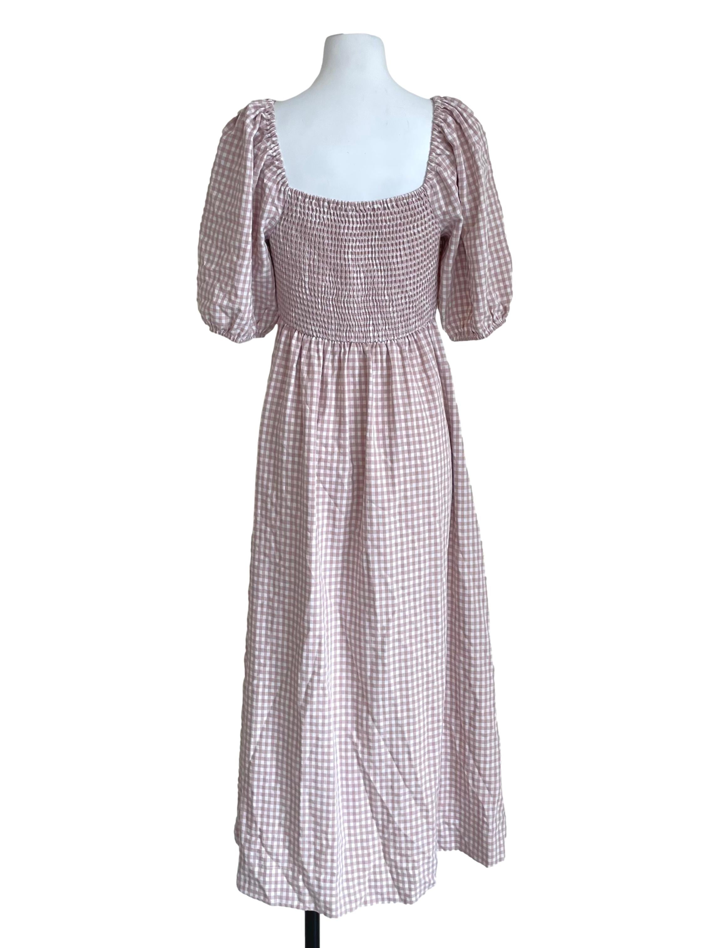 Mauve Pink Gingham Shirred Peasant Dress