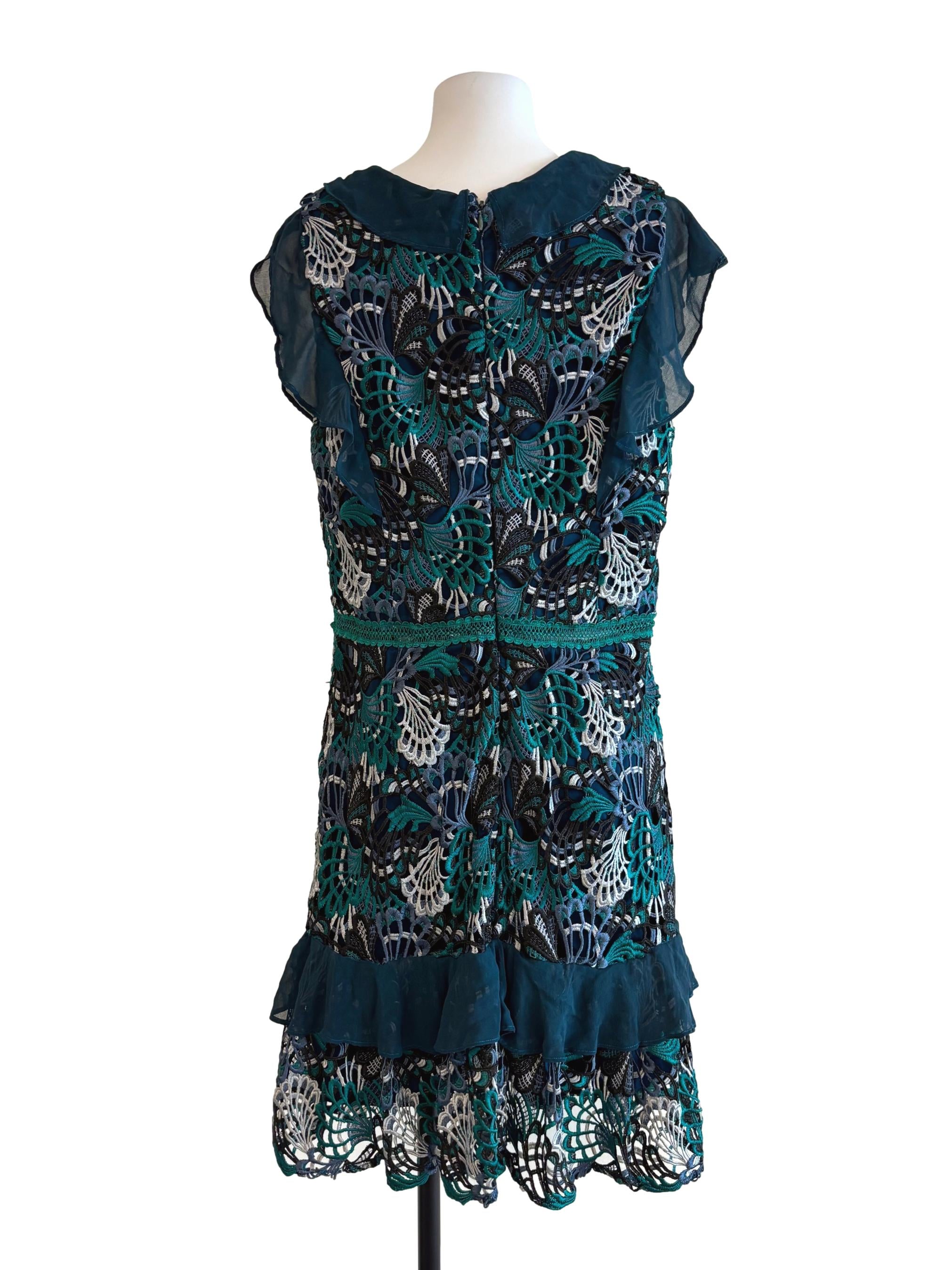 Teal Green Floral Lace Ruffle Dress