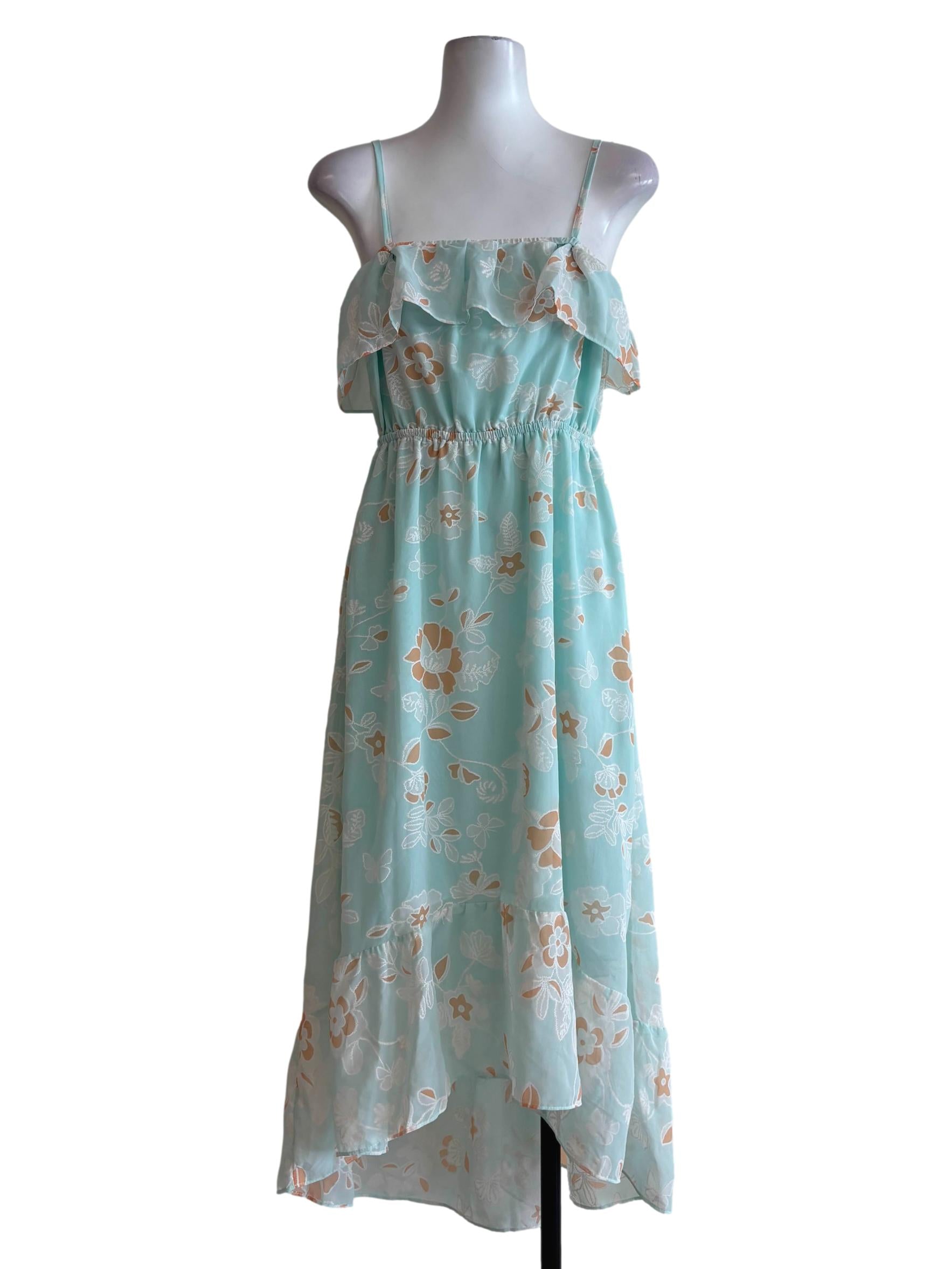 Tiffany Blue Floral Print Flowy Spaghetti Strap Dress