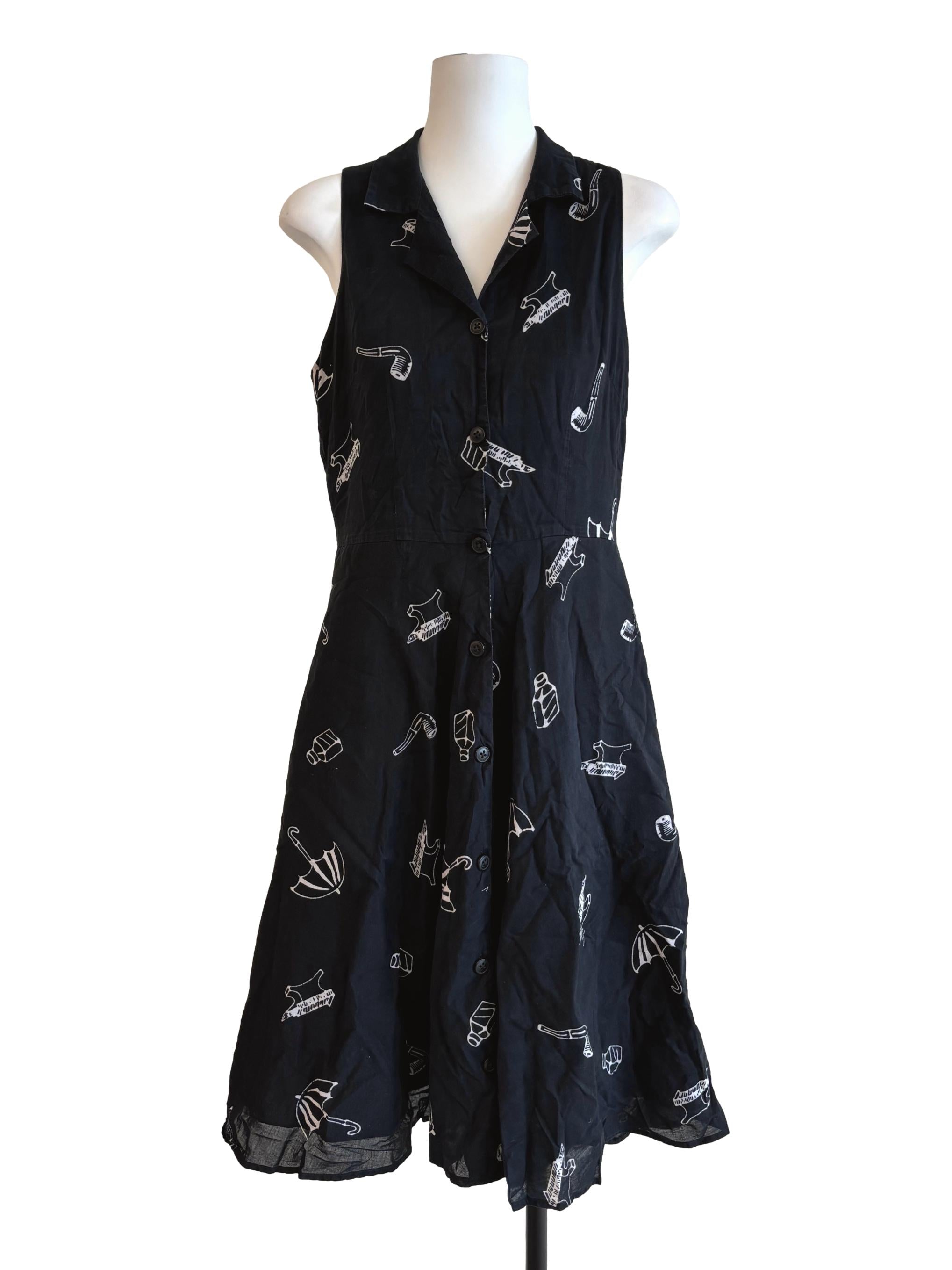 Jet Black Graphic Buttoned Dress