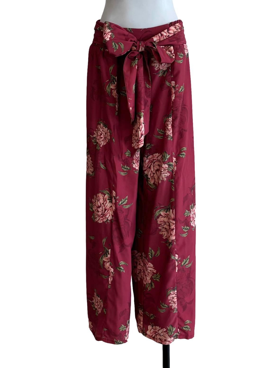 Raspberry Red Printed Front Tie Pants