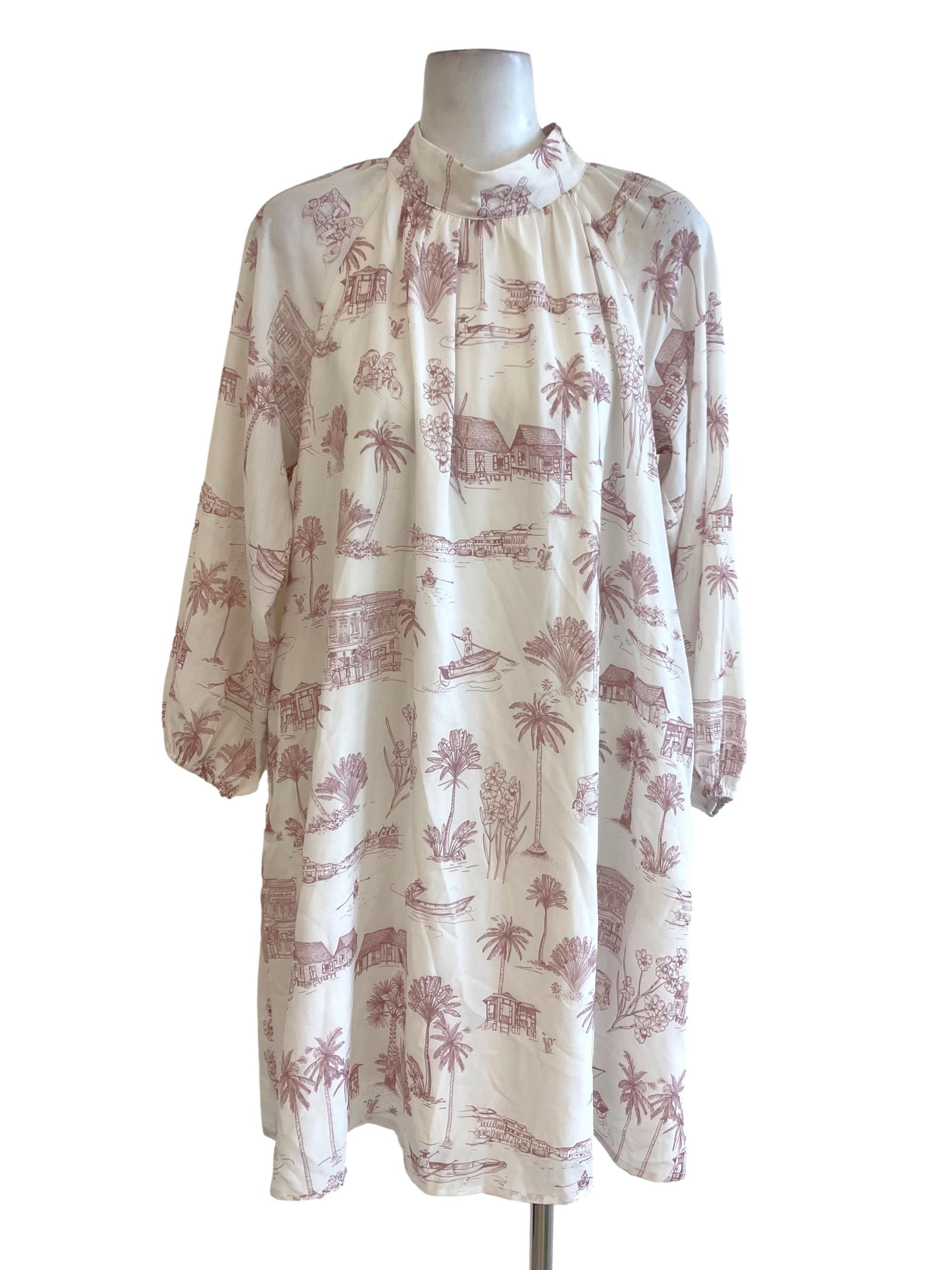White Purple Outline Printed High Neck Dress TCL