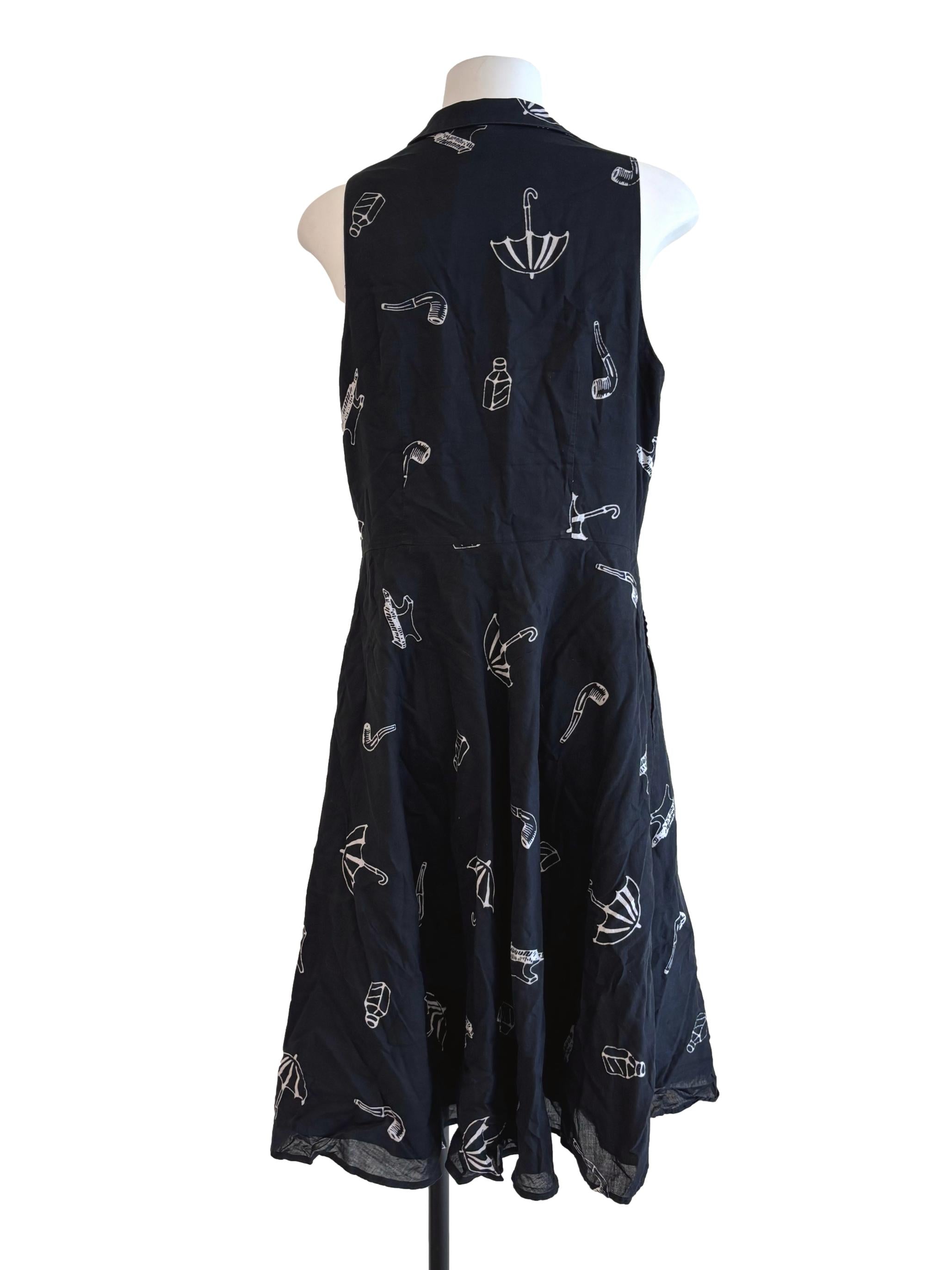 Jet Black Graphic Buttoned Dress