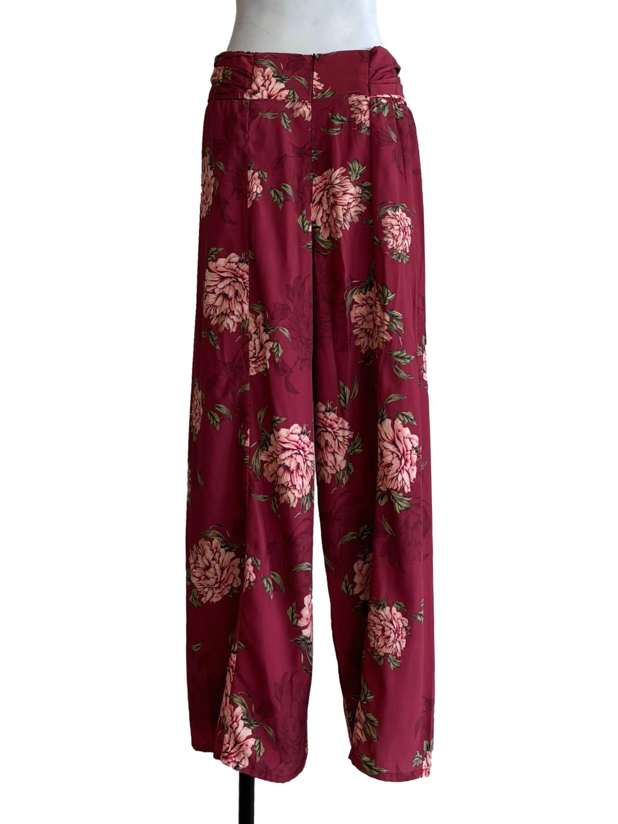 Raspberry Red Printed Front Tie Pants