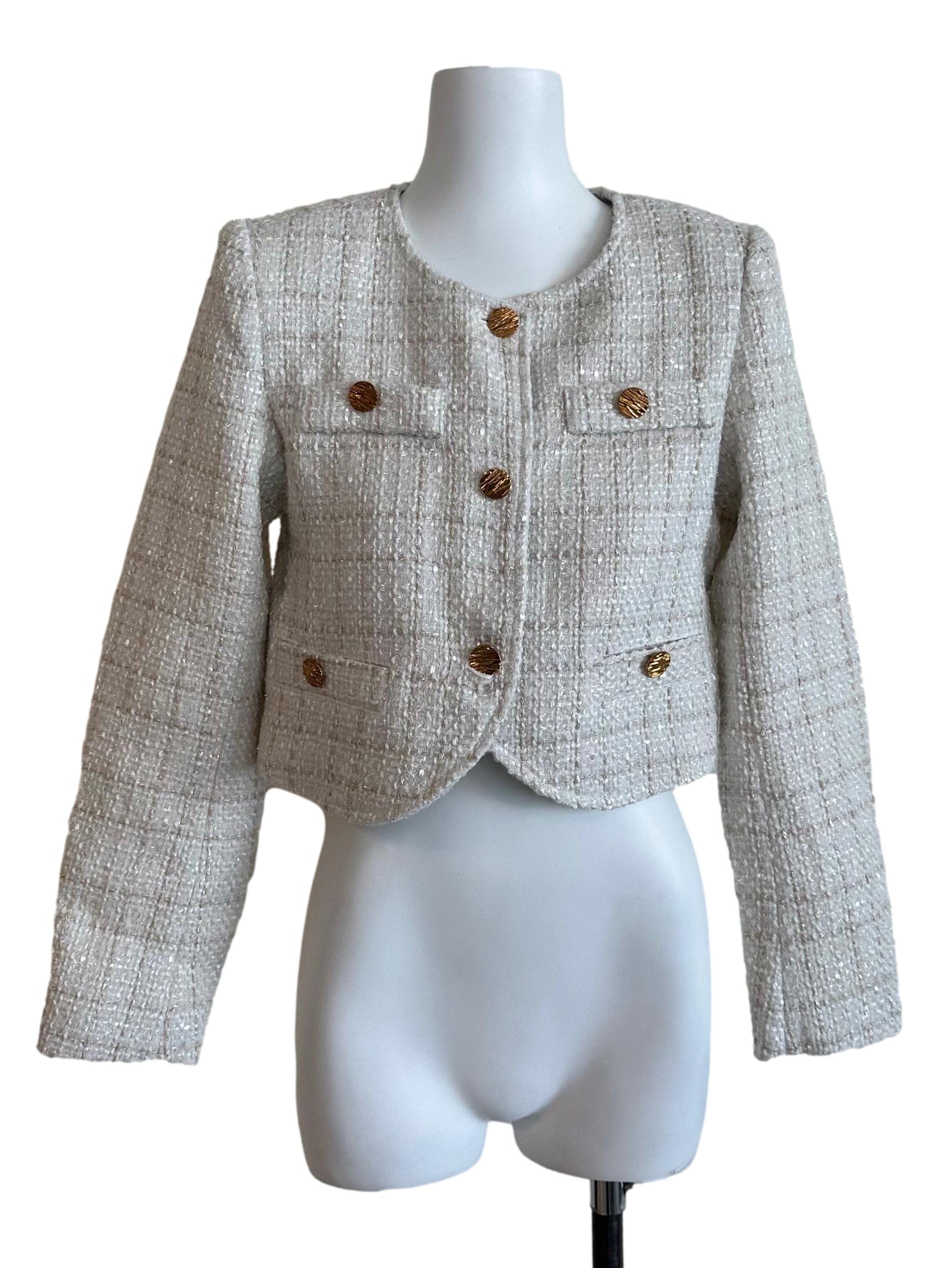 Cream White Tweed Textured Jacket