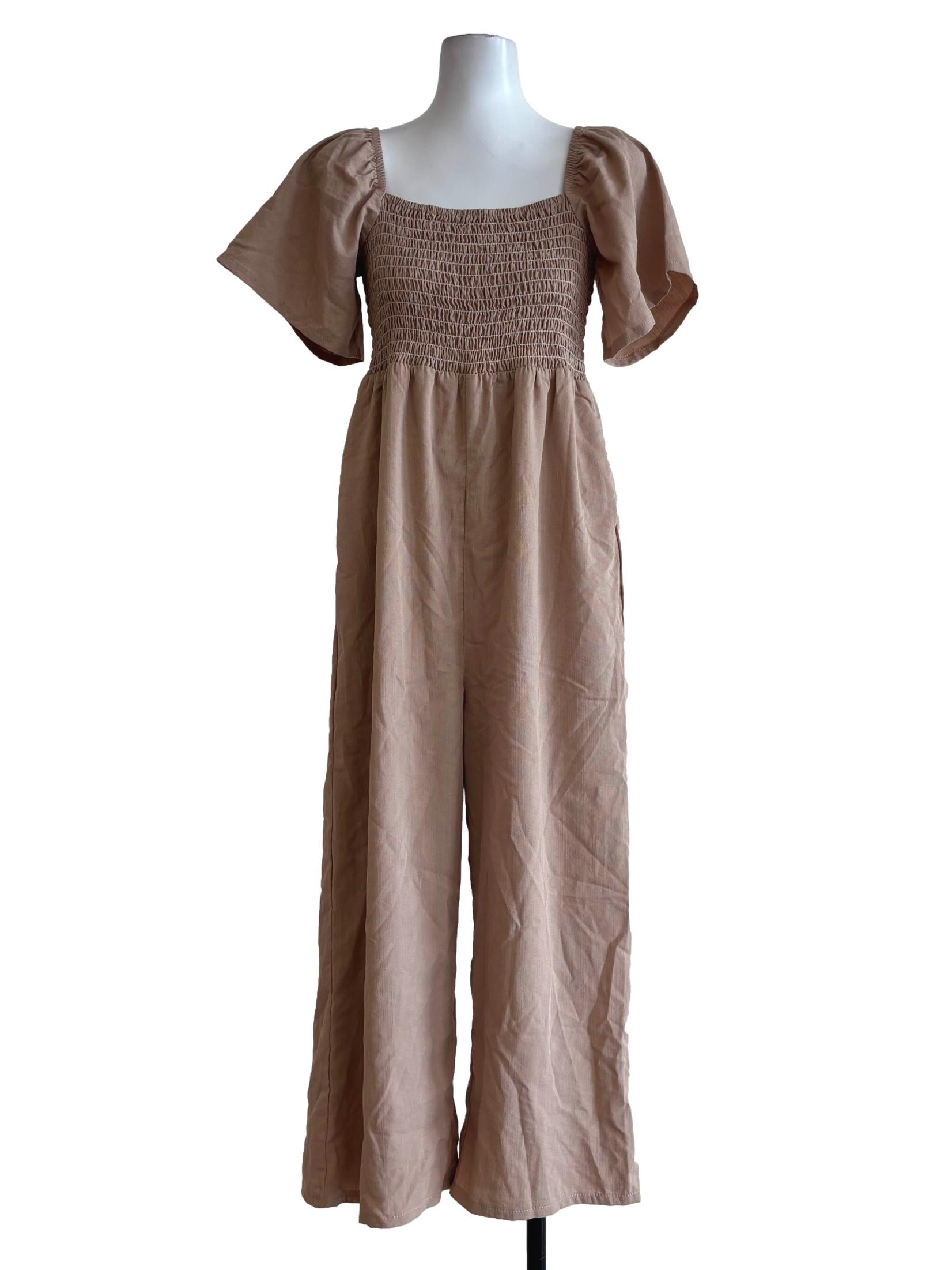 Cashmere Brown Smocked Top Shortsleeve Jumpsuit