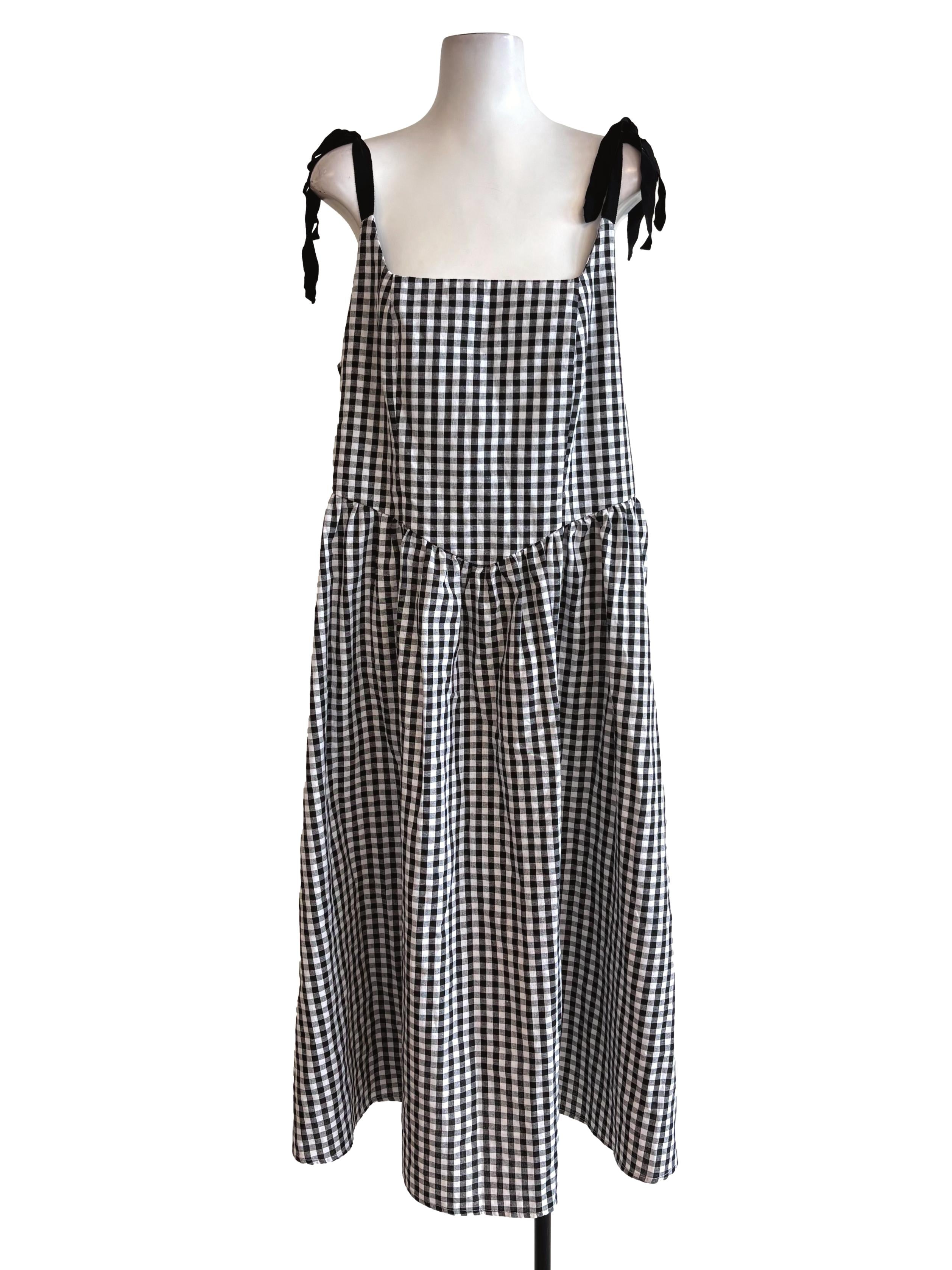 Black Gingham Tie Strap Apron Dress