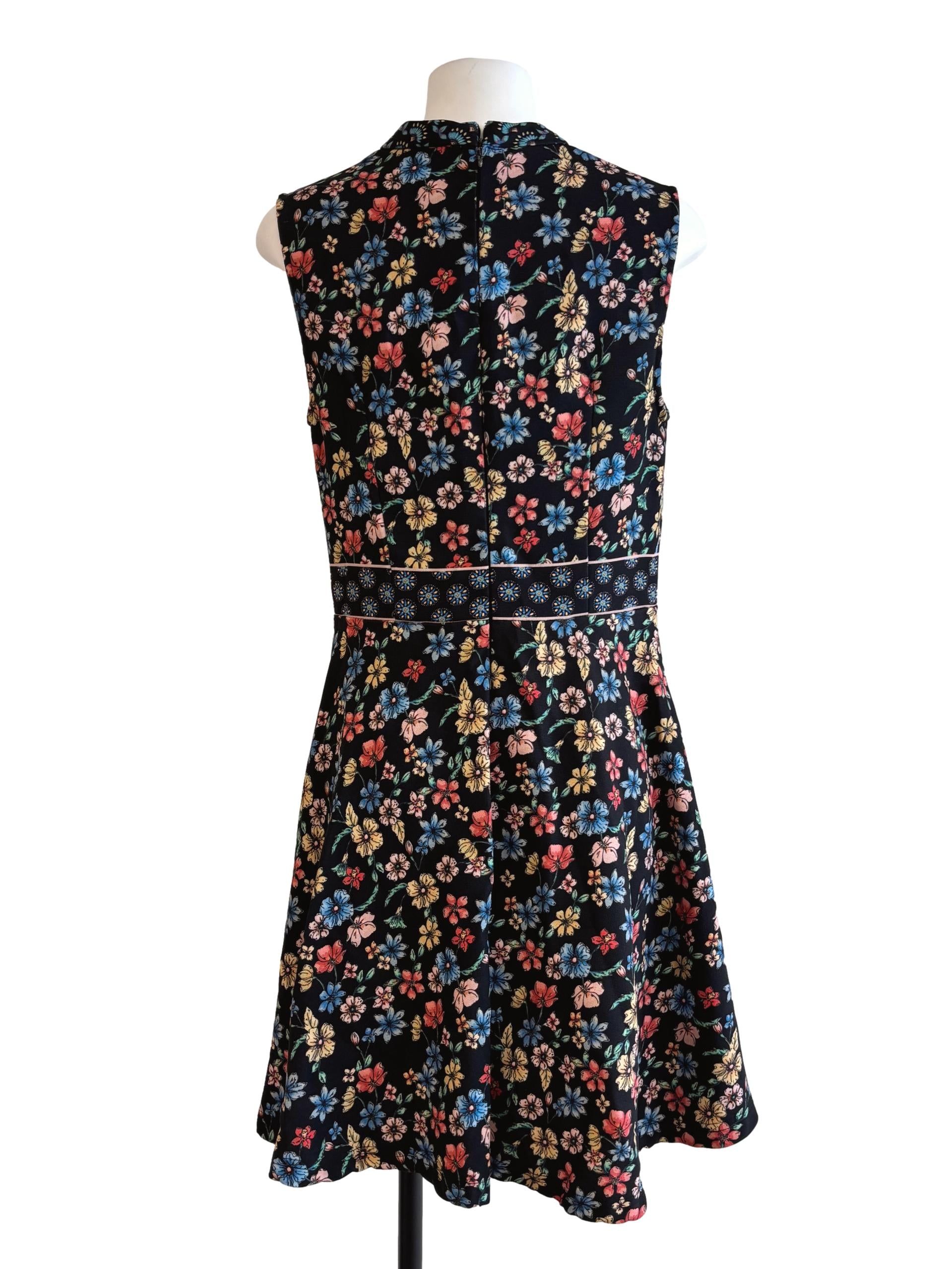 Jet Black Colourful Floral Sleeveless A-Line Dress