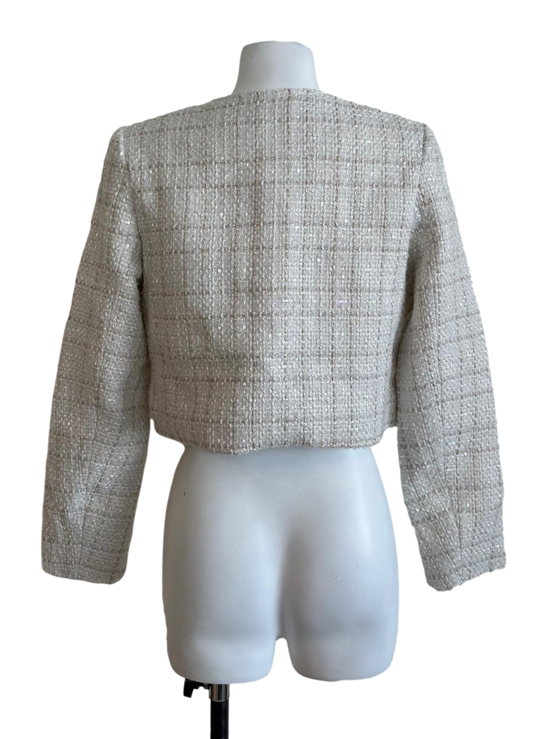 Cream White Tweed Textured Jacket