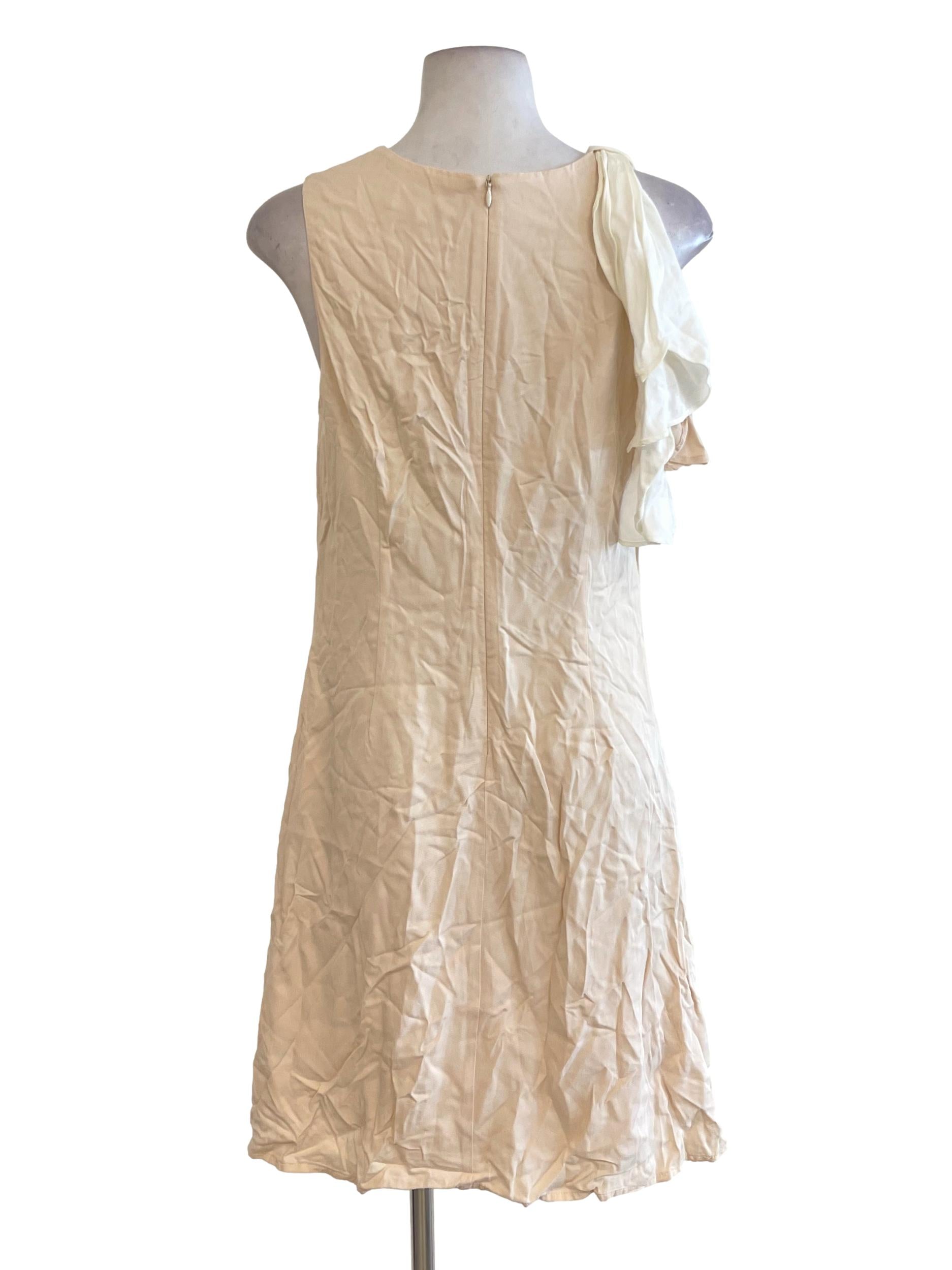 Cream Jewel Neck One Side Ruffle Dress