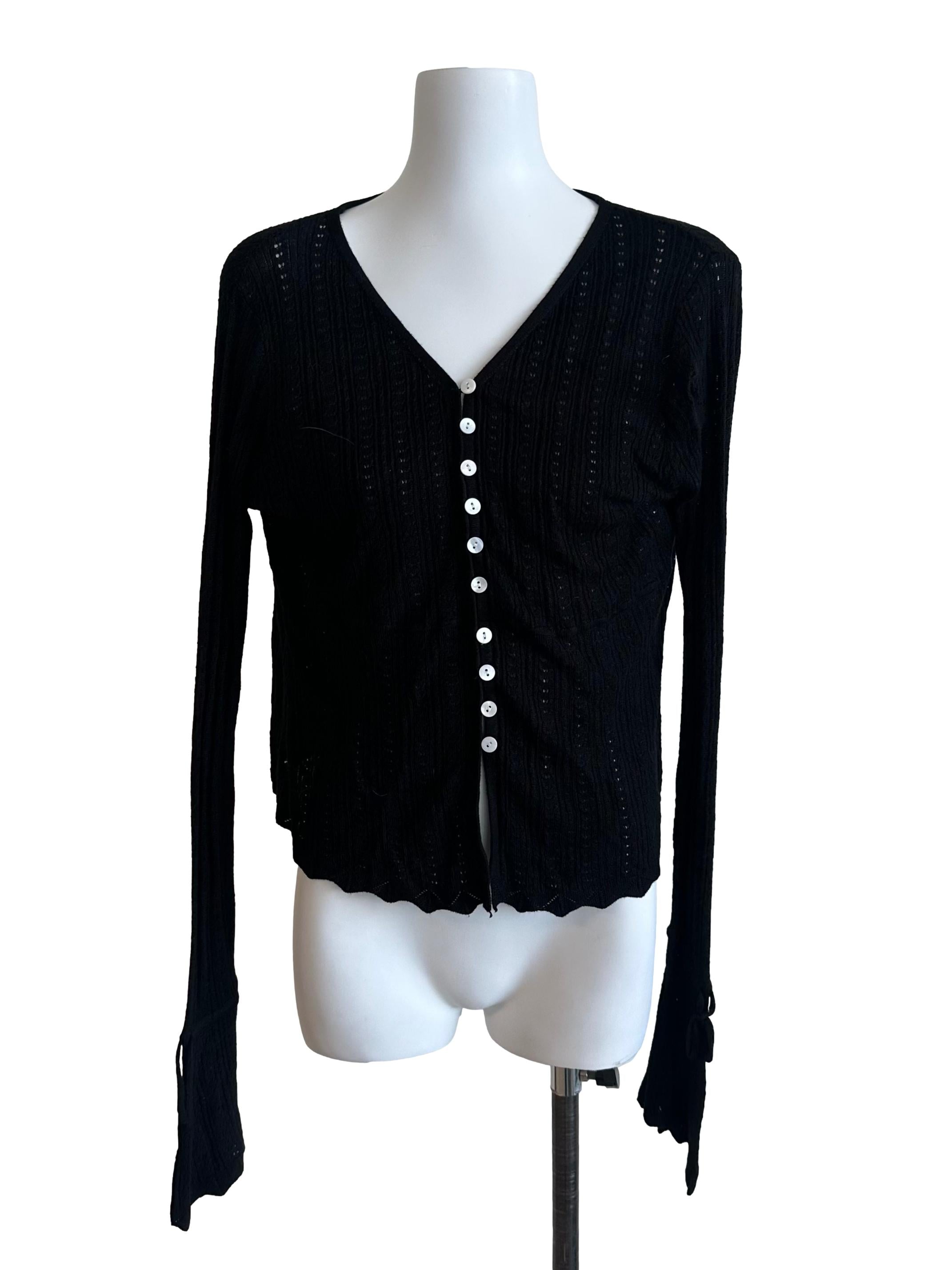 Rich Black Knit Button V Neck Cardigan