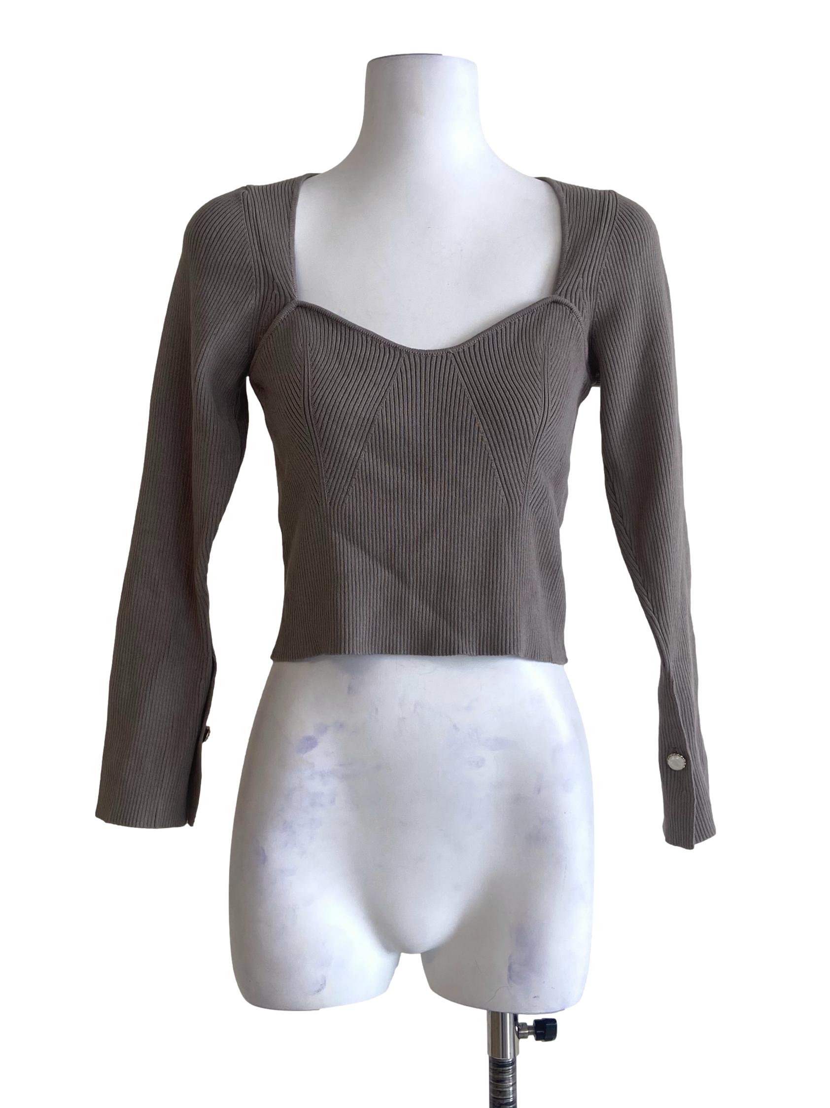 Fossil Grey Queen Anne Neck Crop Top TWL