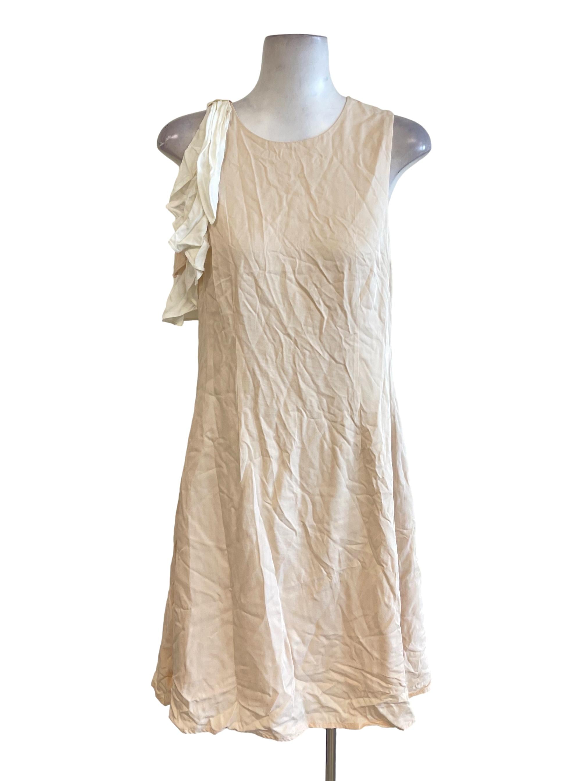 Cream Jewel Neck One Side Ruffle Dress