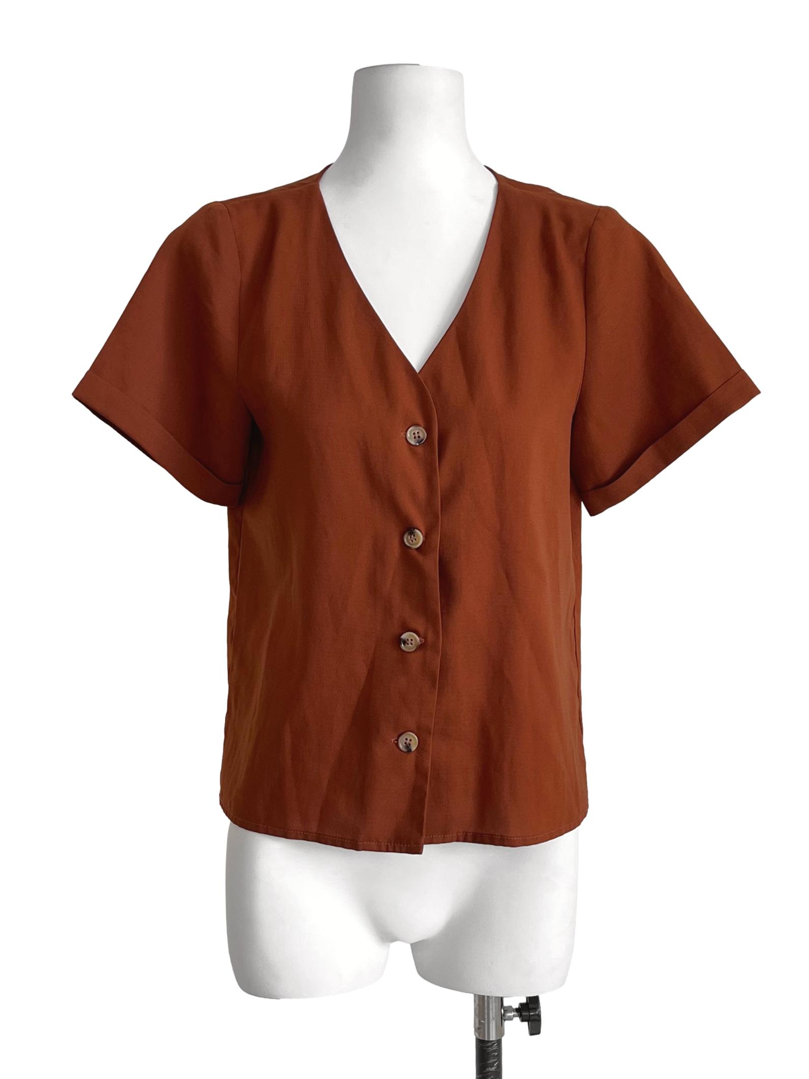 Caramel Brown Button-Front Blouse