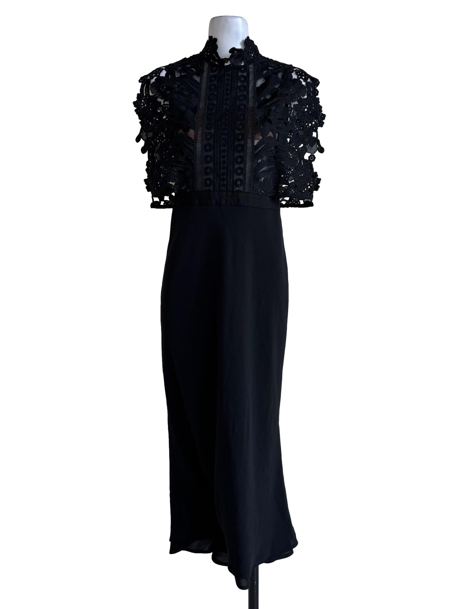 Black Cropped Lace Overlay Crepe Midi Dress