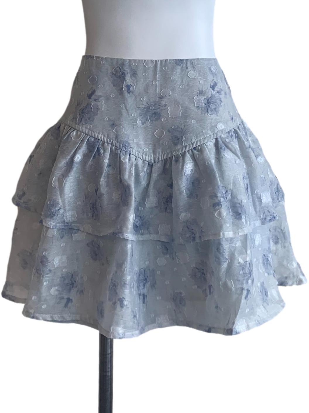 Blue Flower Pattern Yoke Waist Mini Skirt