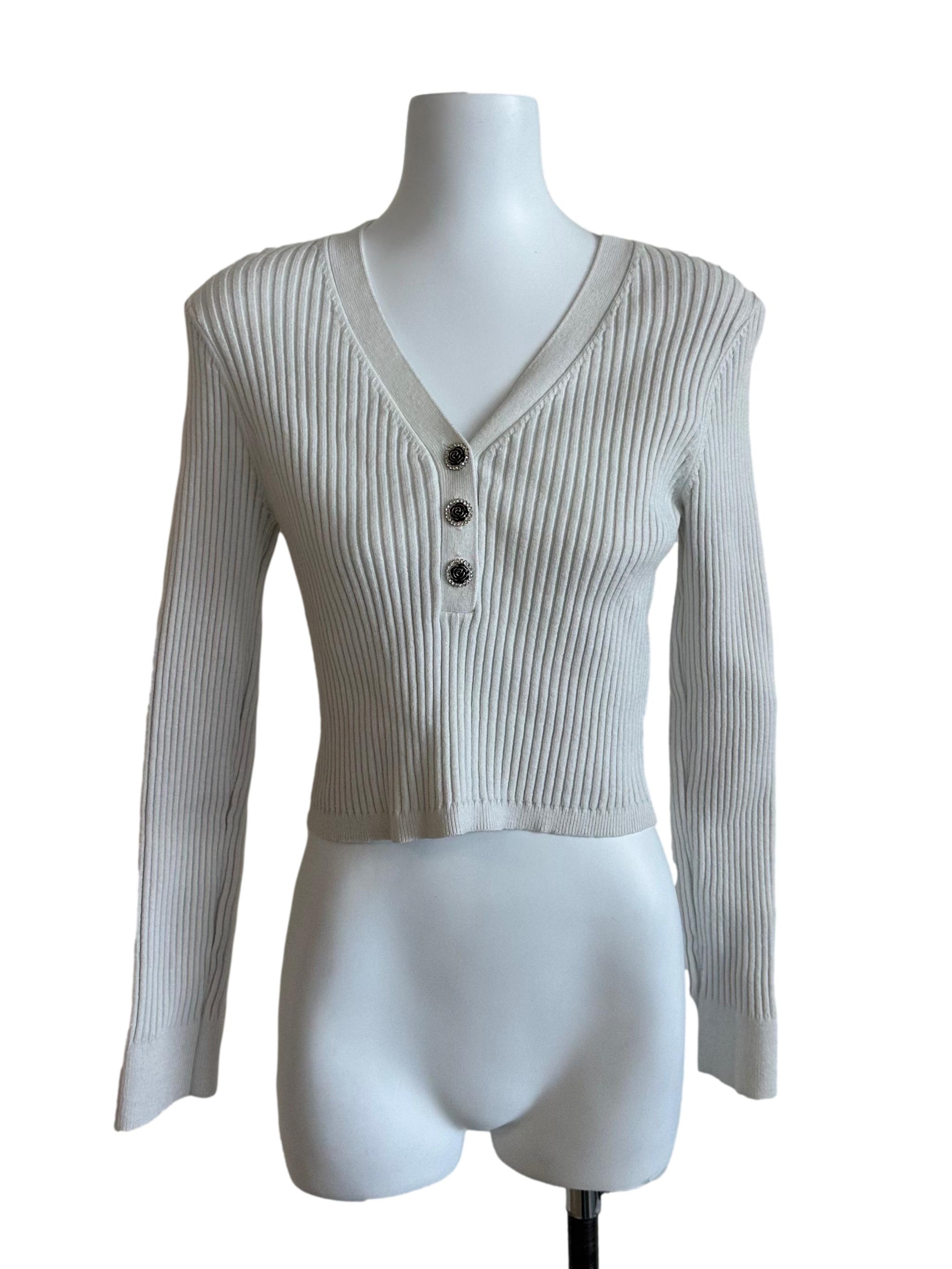 Ash White Knit V Neck Button Top