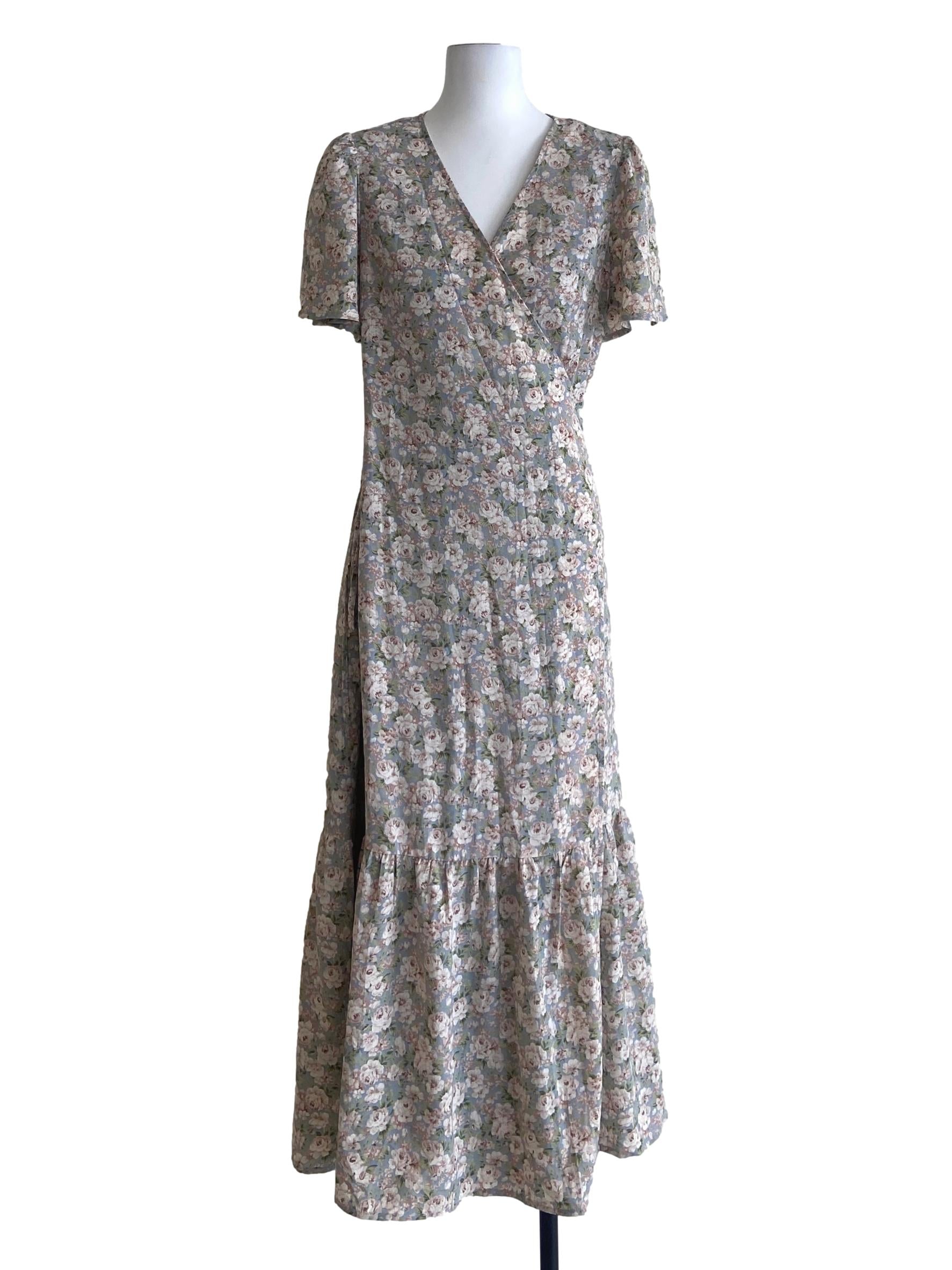 Blue Floral Wrap V-Neck Dress