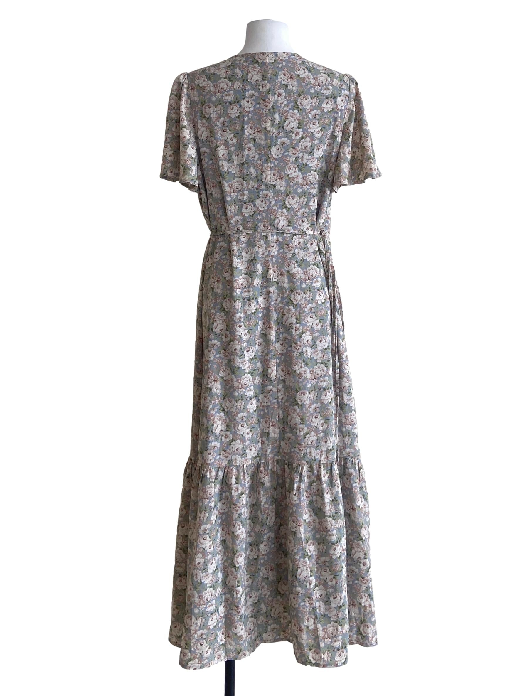 Blue Floral Wrap V-Neck Dress