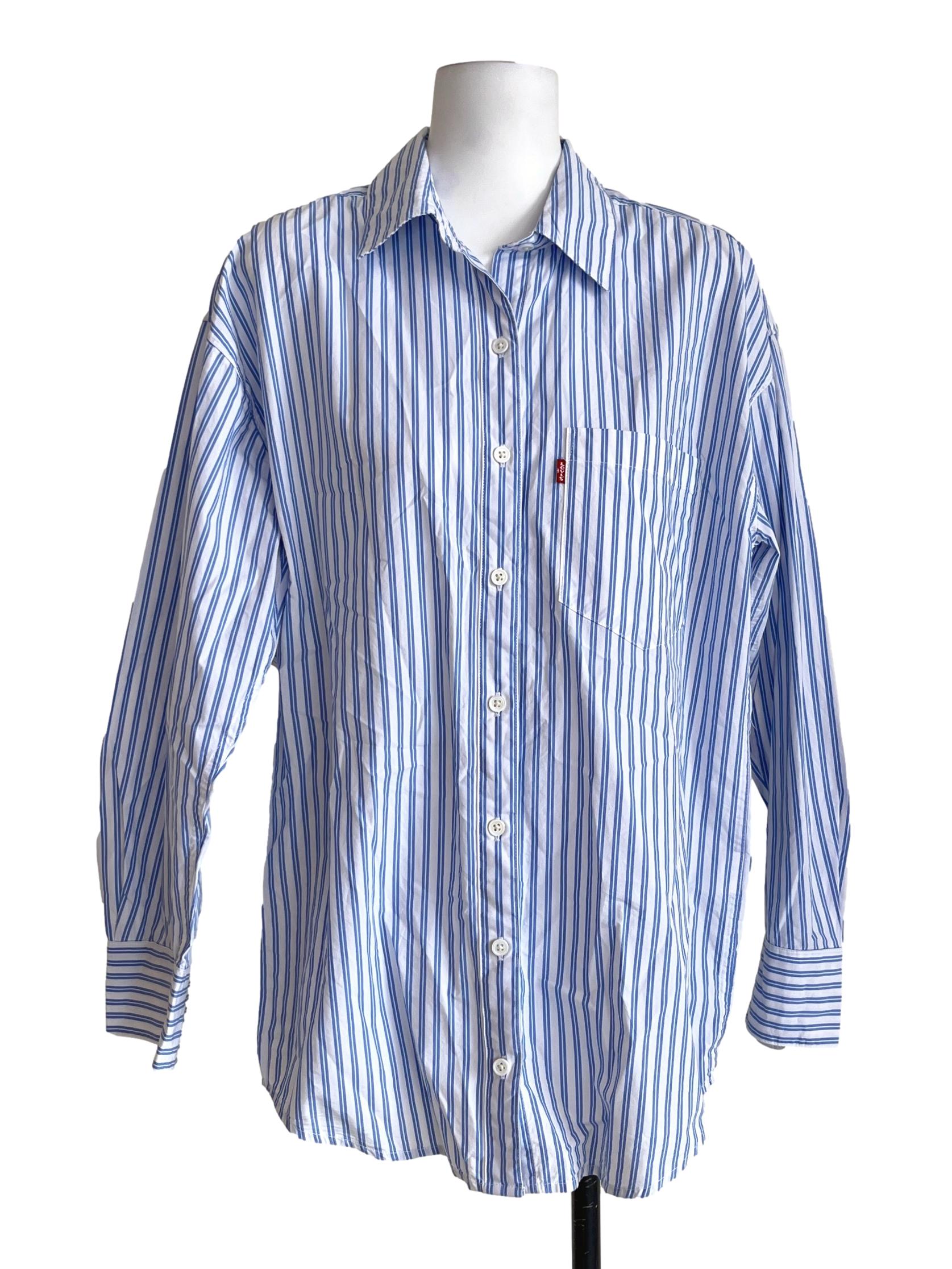 Cotton White & Blue Striped Relaxed Fit Shirts