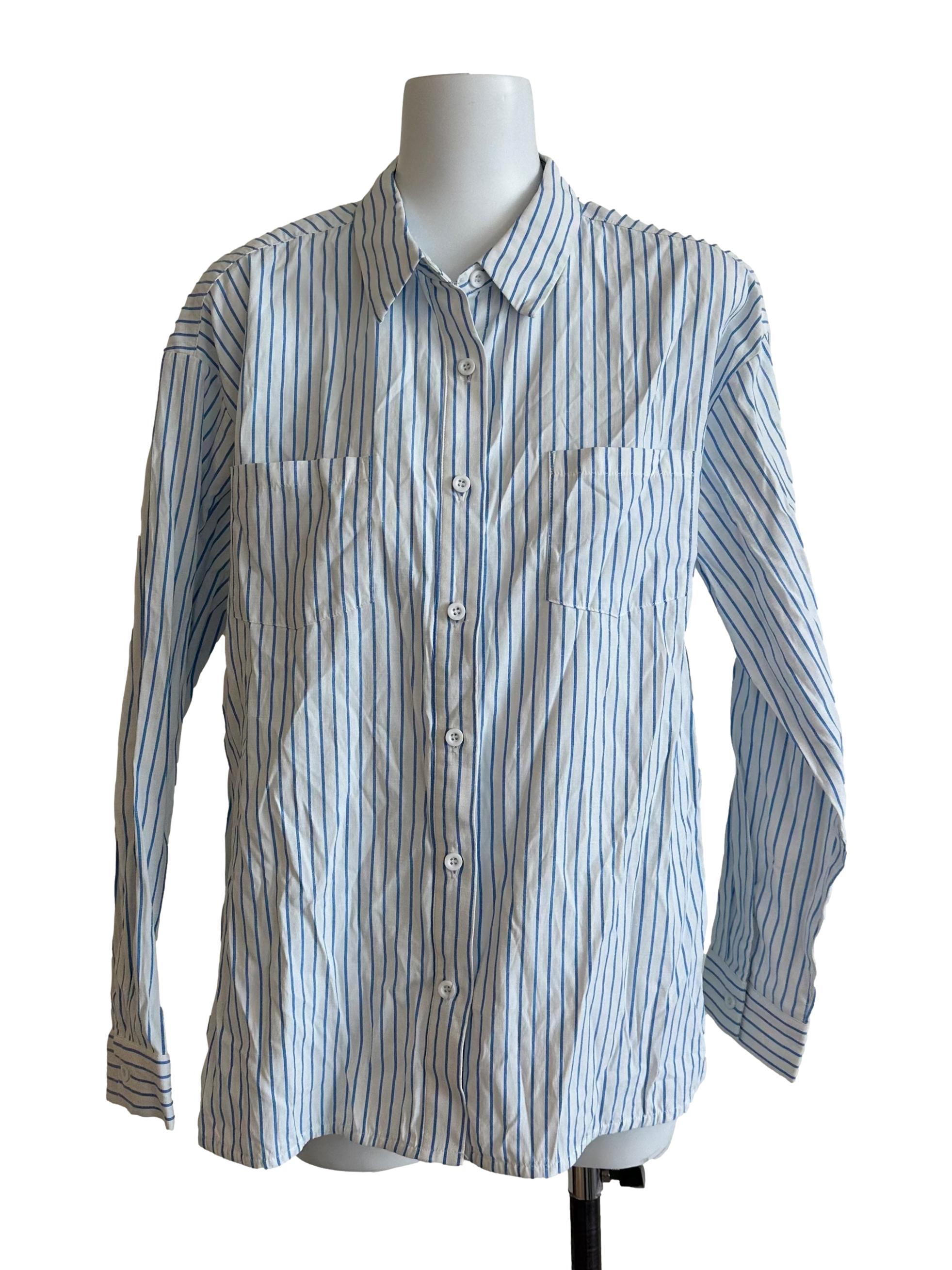 White Blue Stripe Collar Top