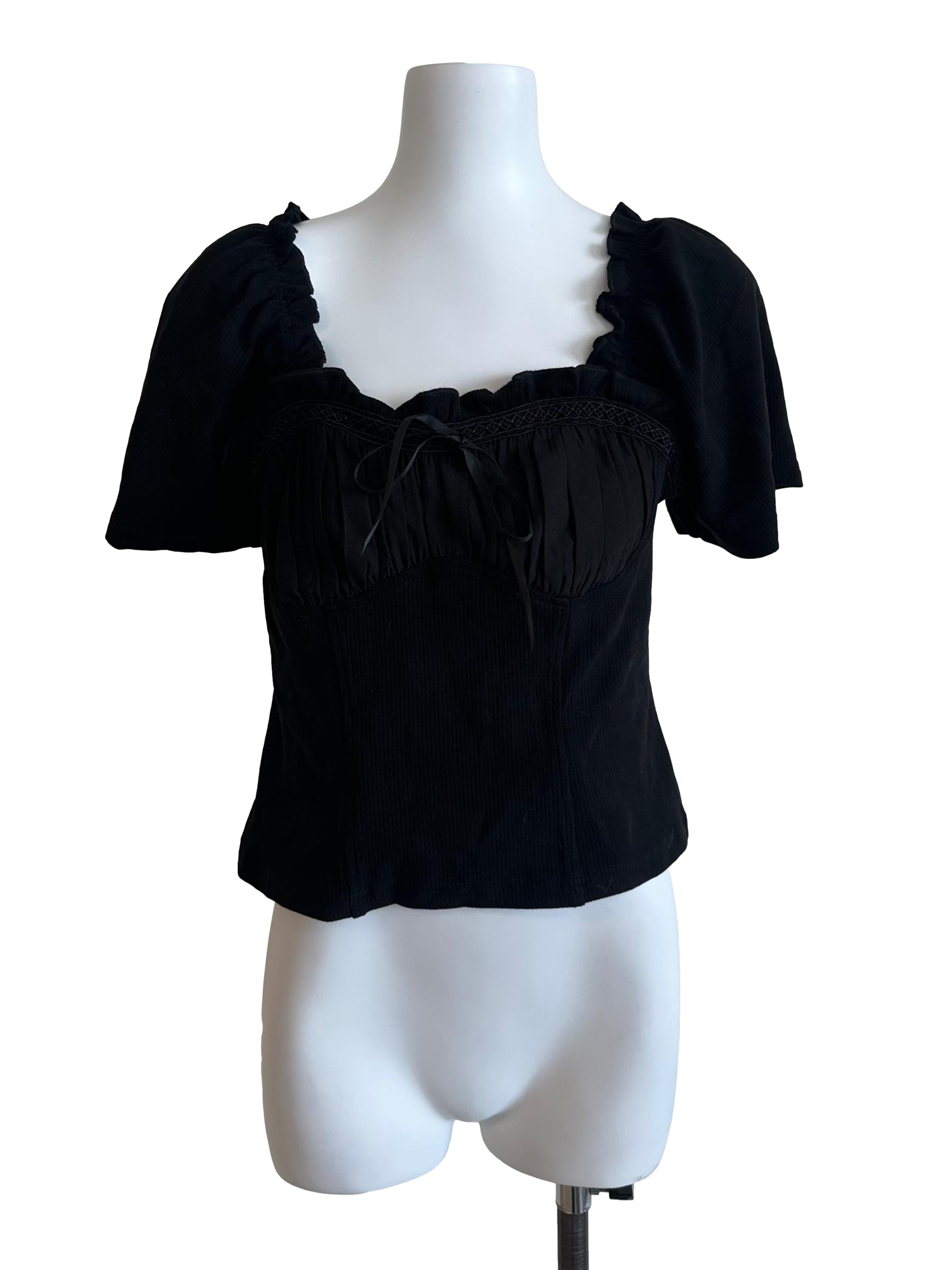 Raven Black Ruched Ribbon Blouse