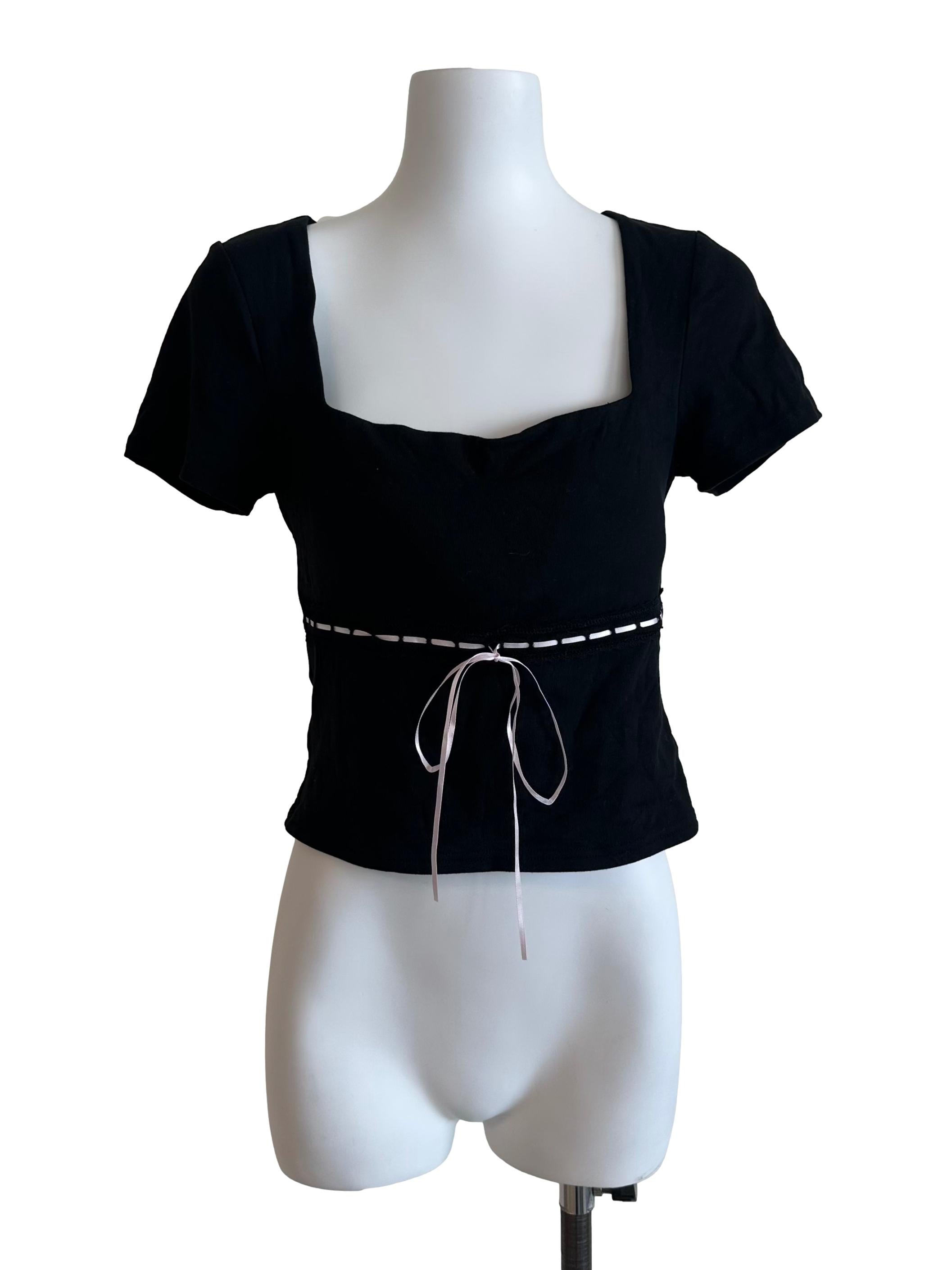 Onyx Black Square Neck Ribbon Top