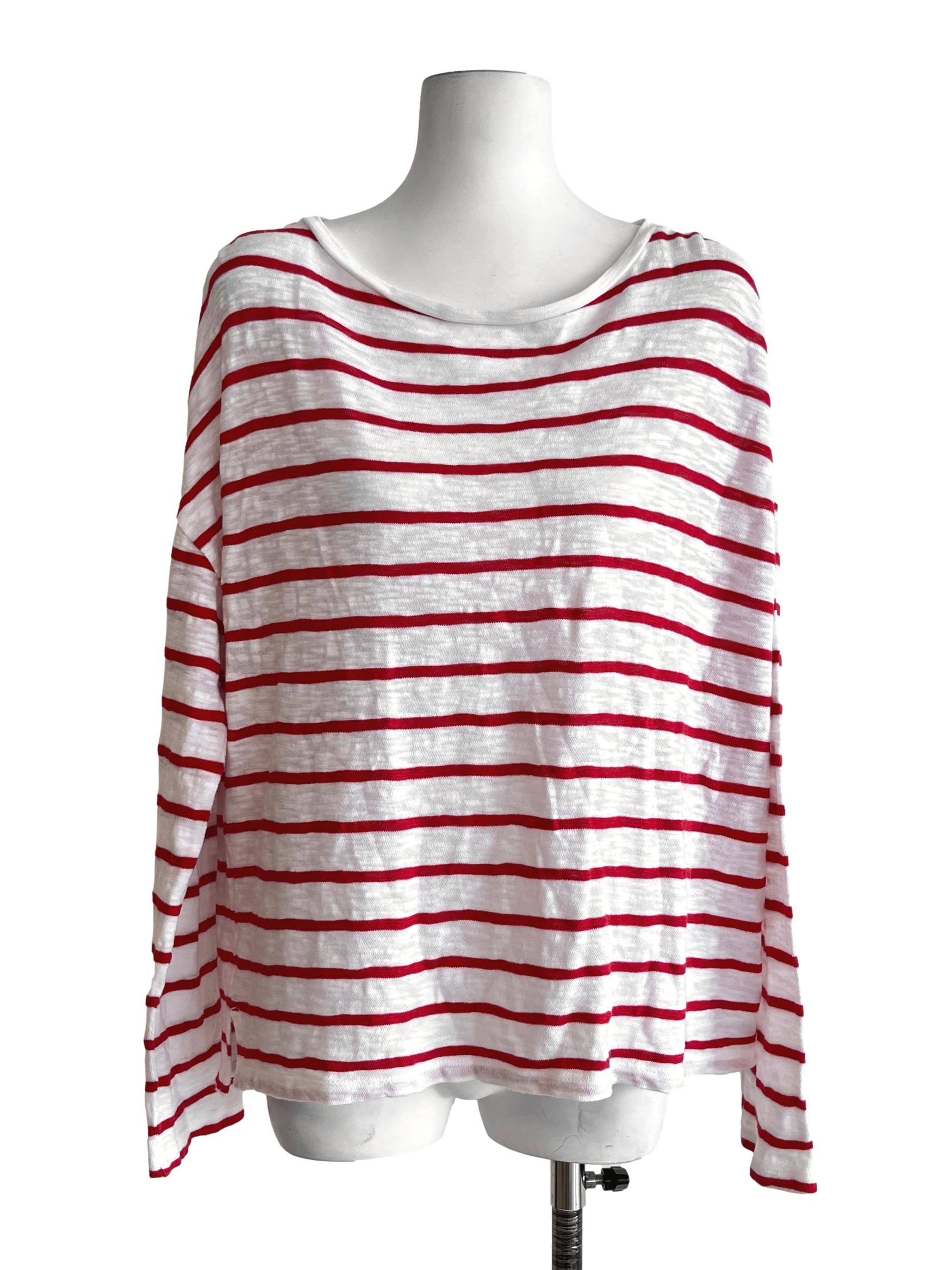 Cream White & Red Striped Oversized Top