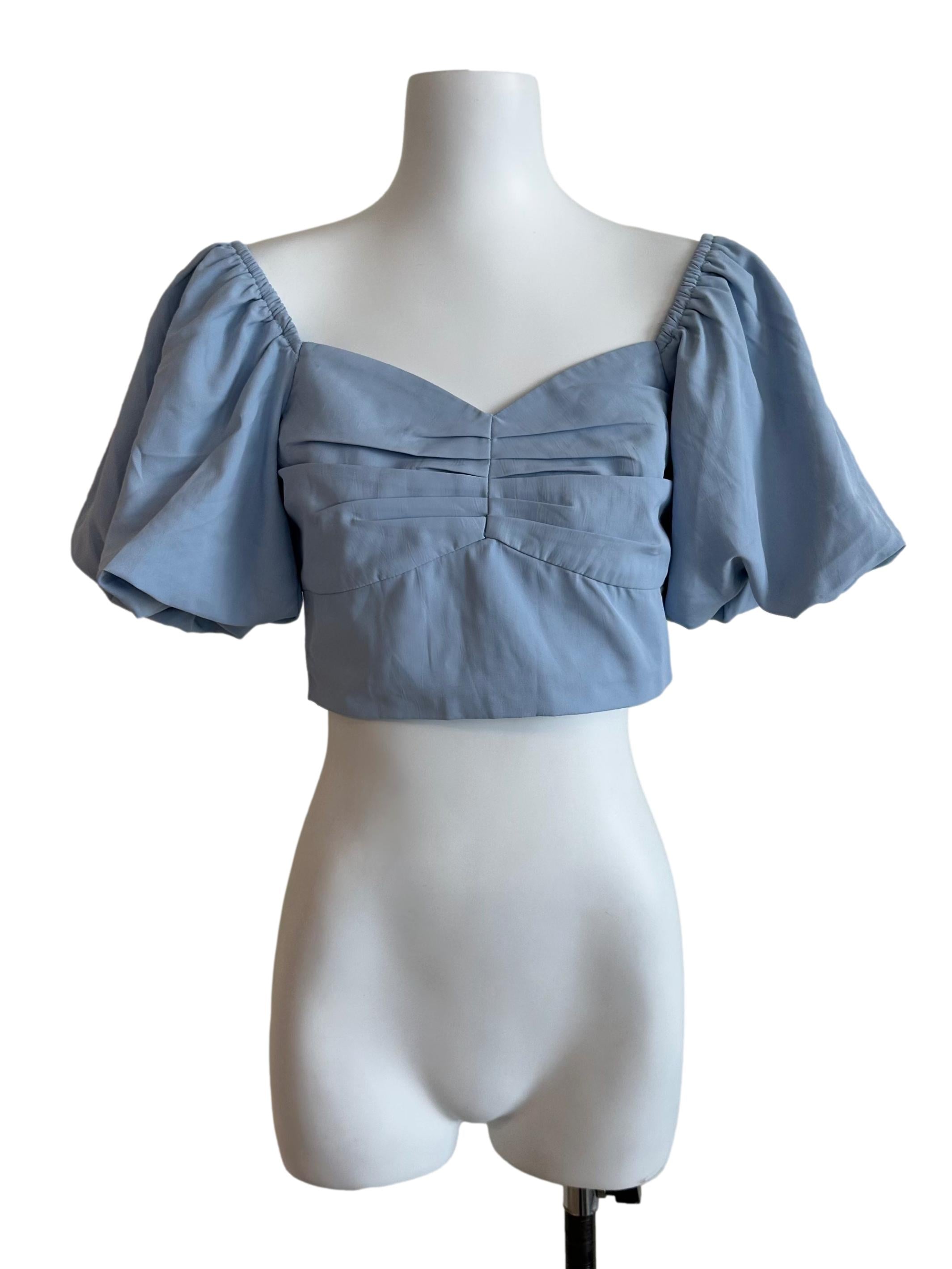 Light Blue Pleated Puff Sleeve Top