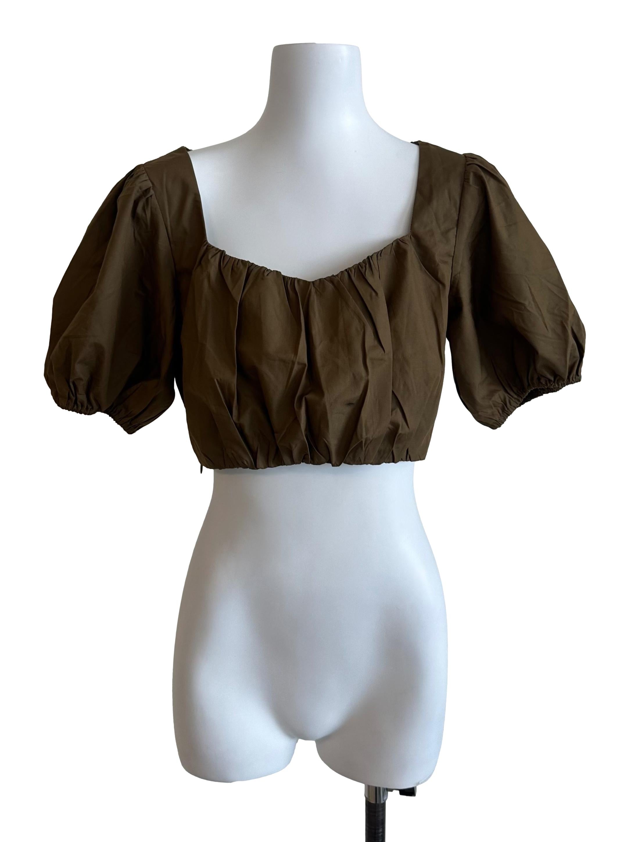Moss Green Ruched Puff Sleeve Top