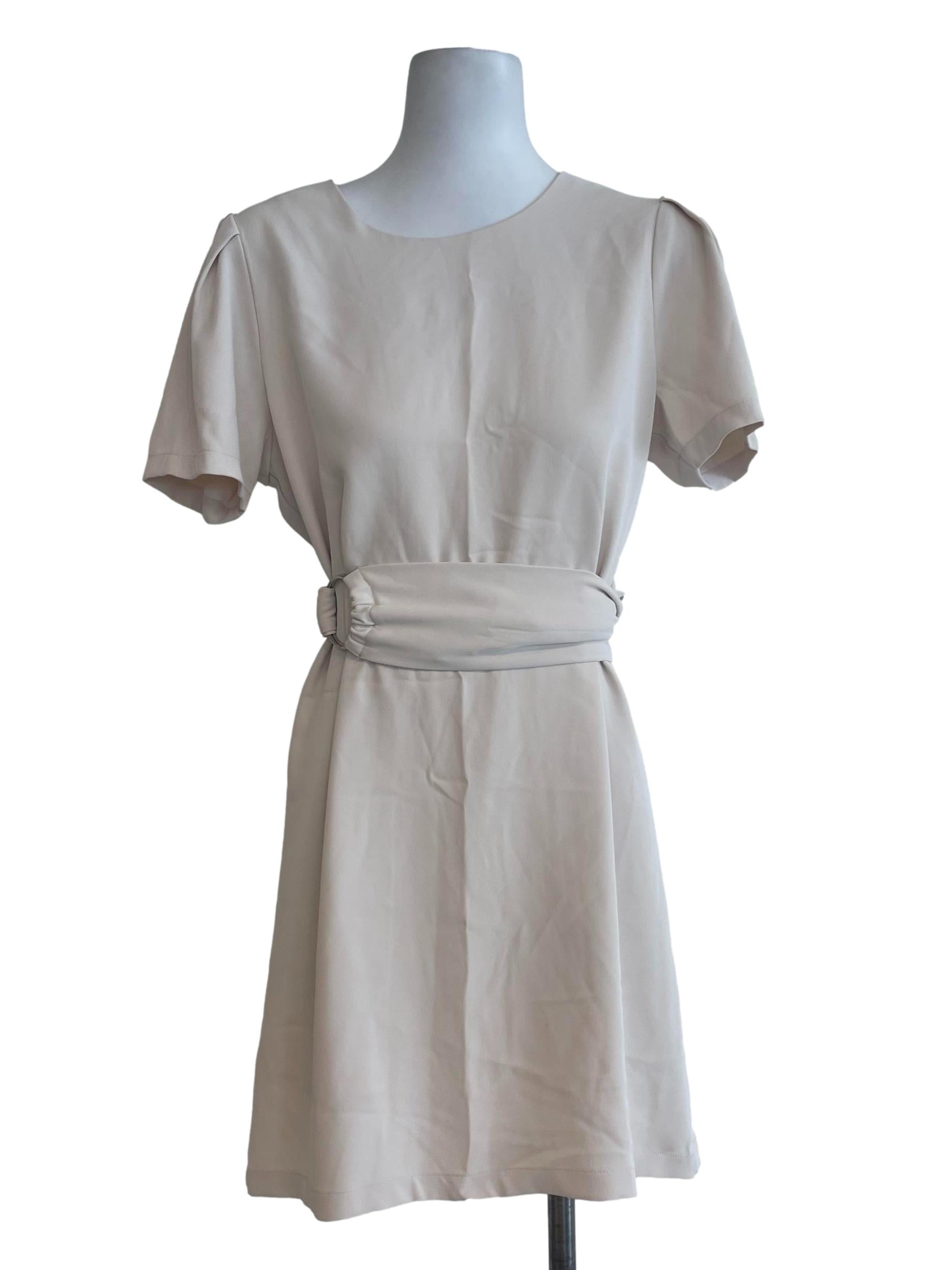 Beige Plain Mini Dress With Buckle