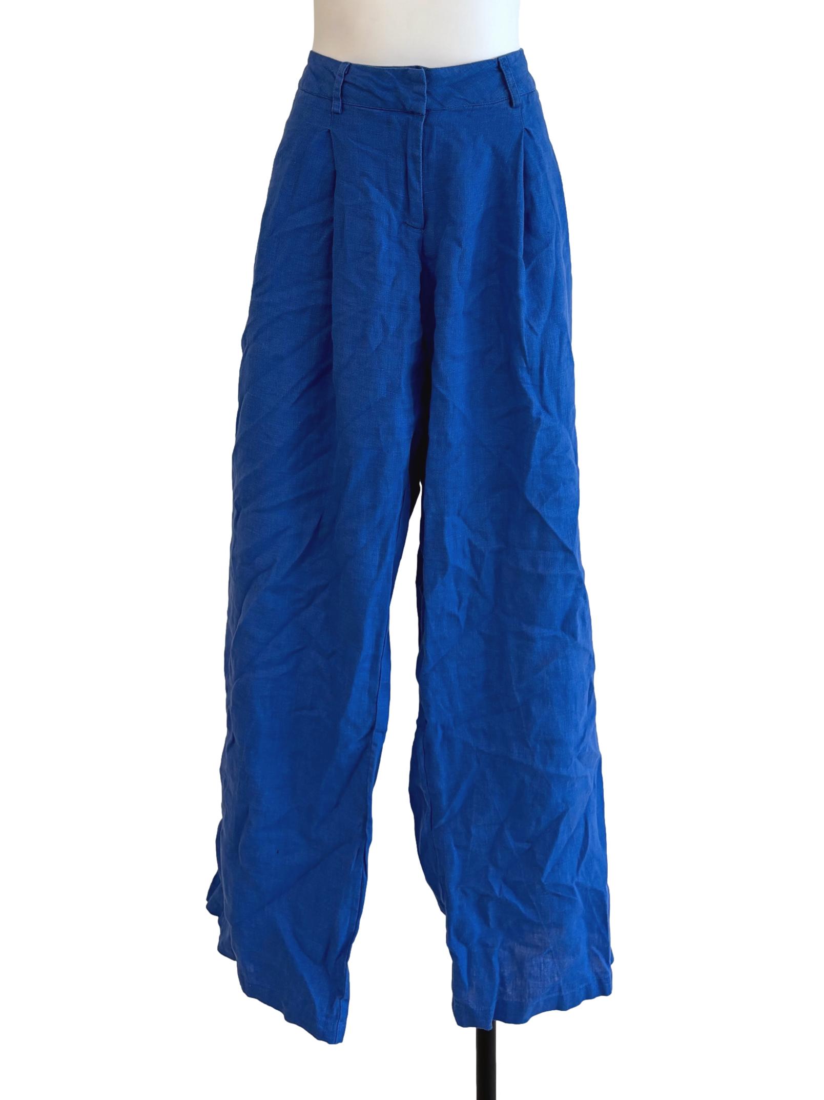 Blue Pleated Straight Linen Pants