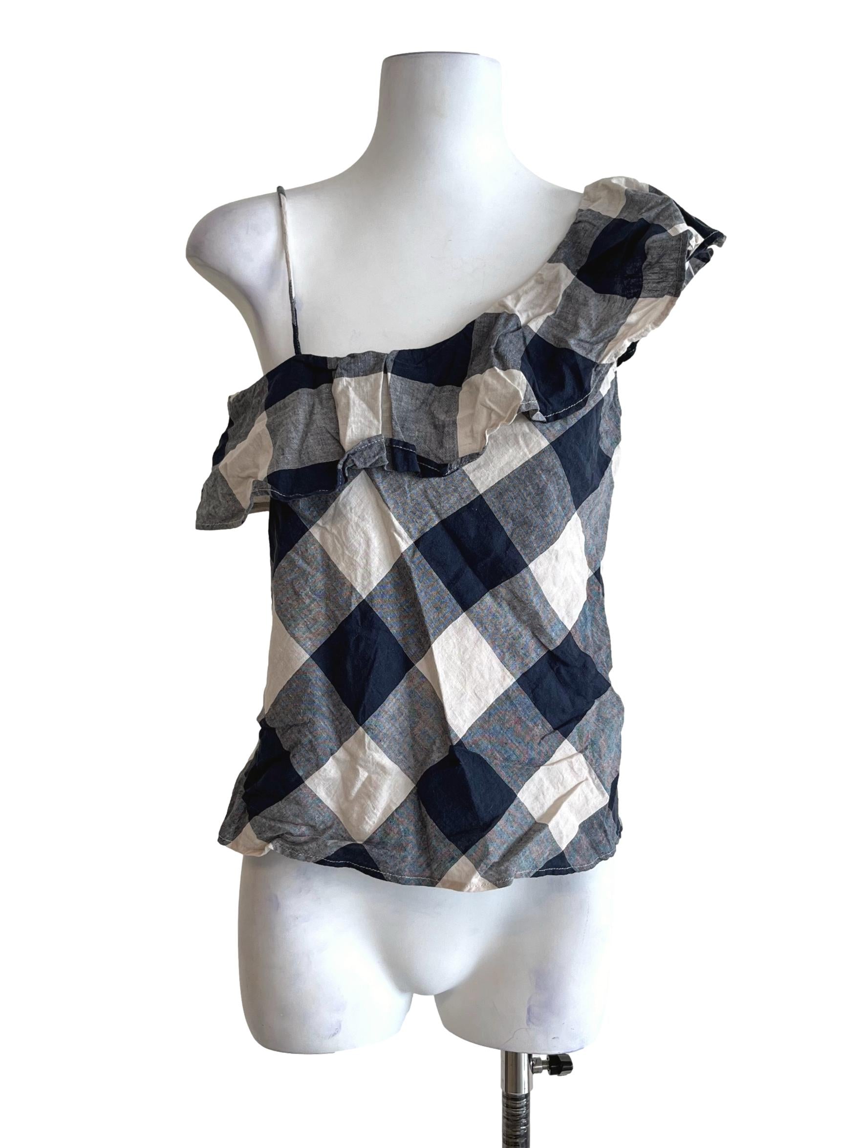 Navy Blue Plaid One-Shoulder Top