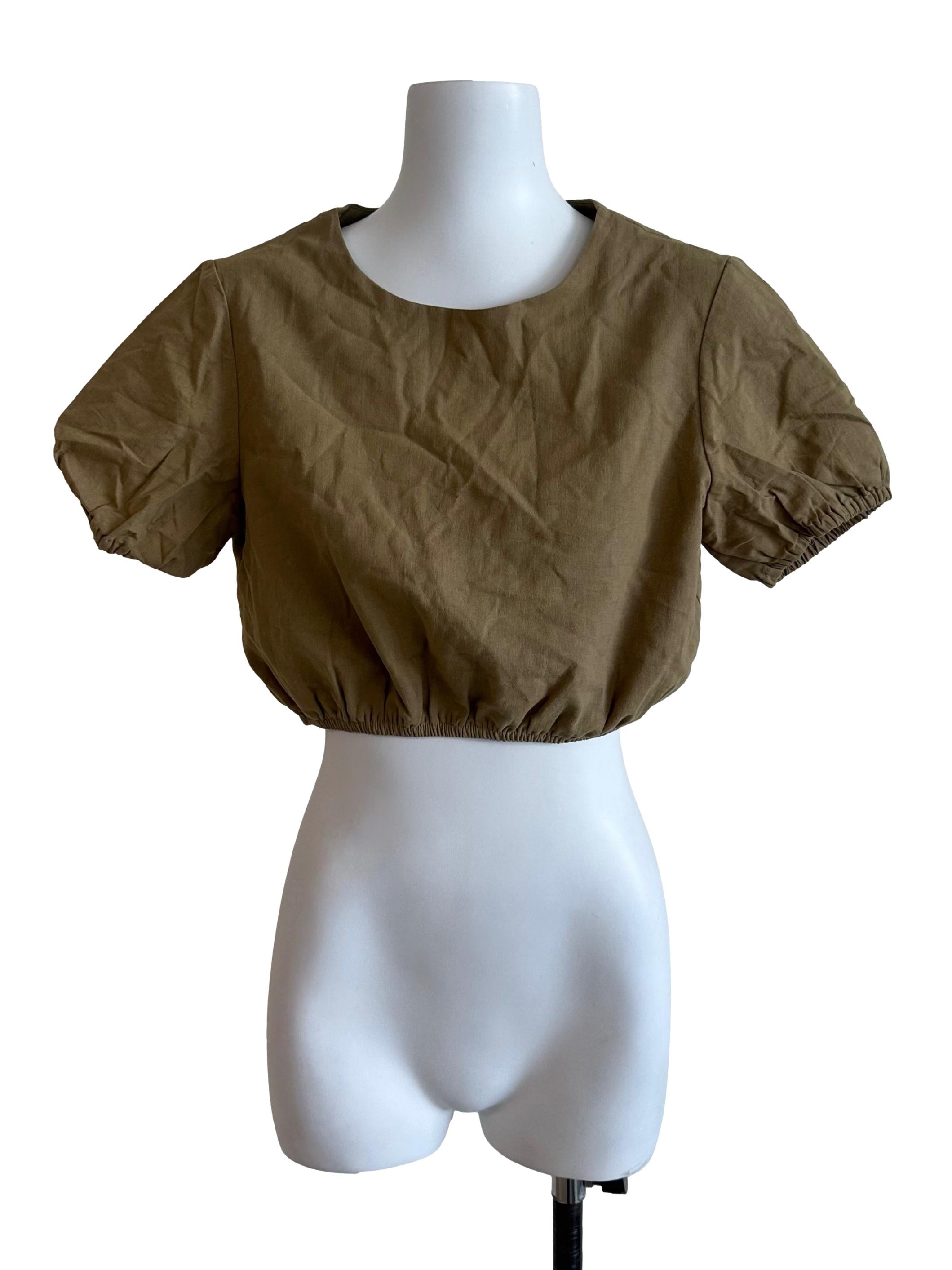 Moss Green Round Neck Puff Sleeve Top