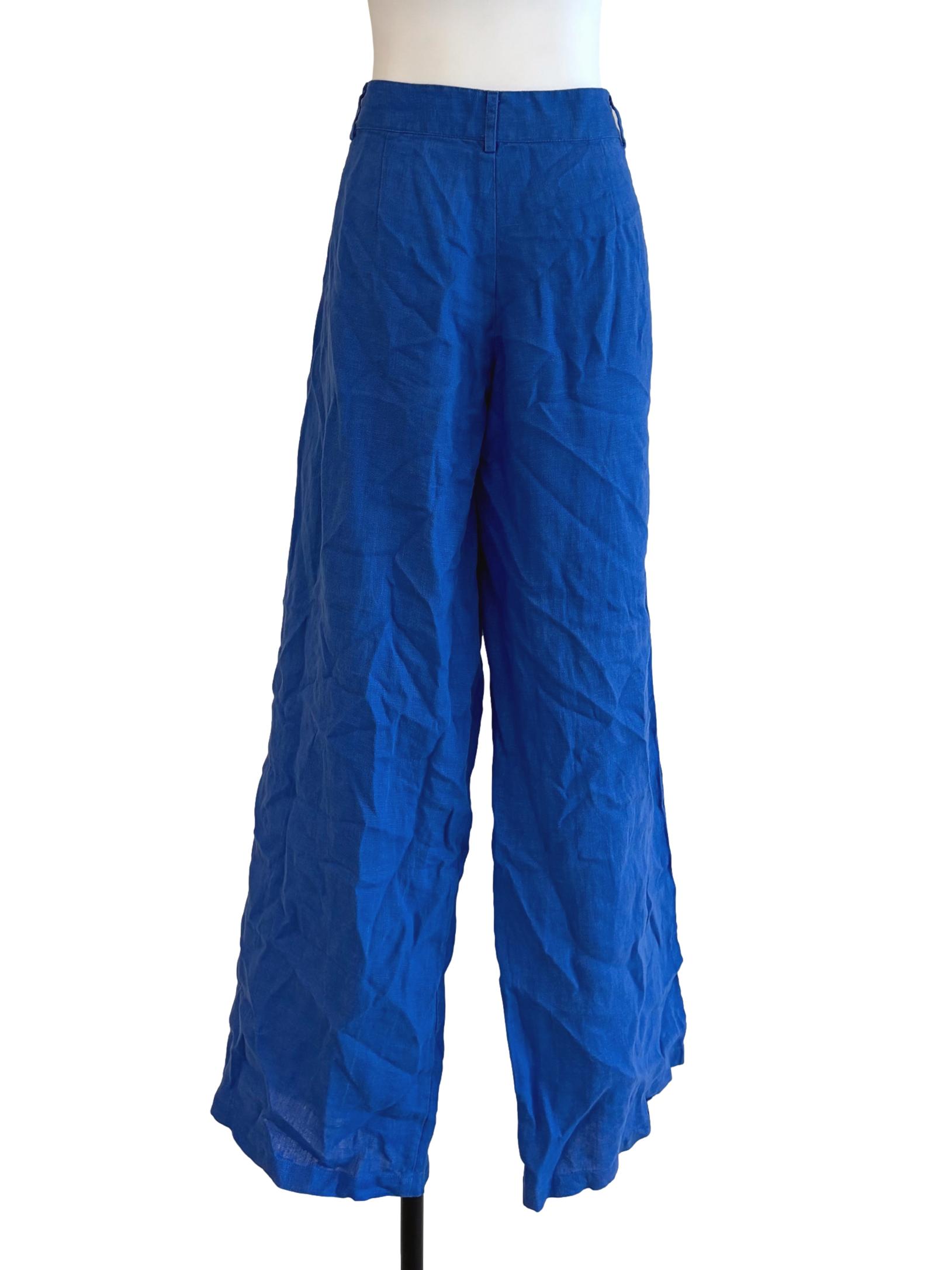Blue Pleated Straight Linen Pants