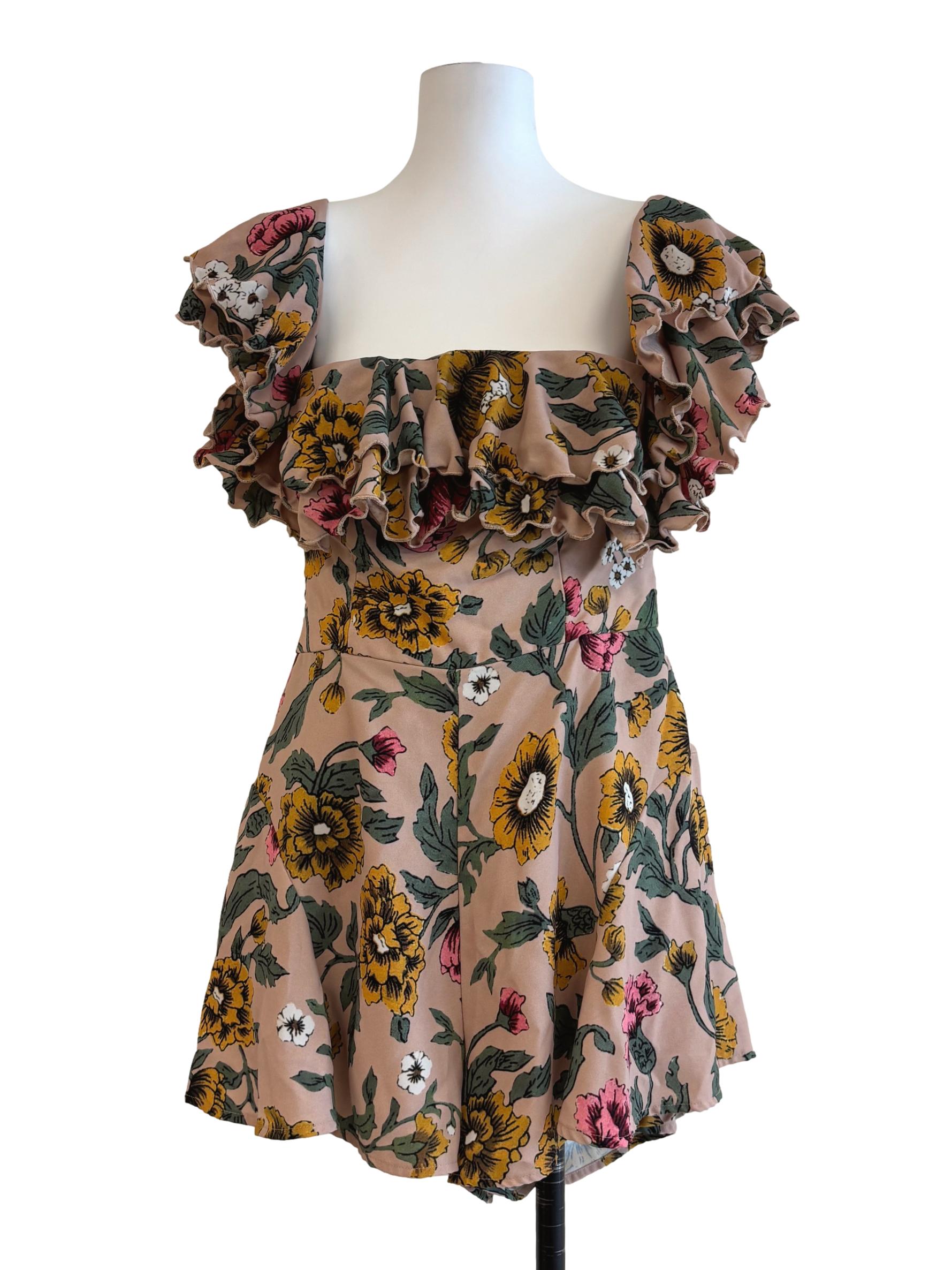 Sepia Brown Floral Ruffle Romper