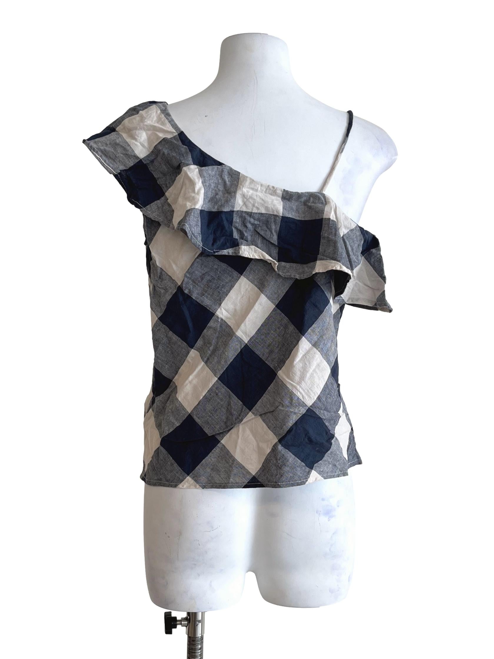 Navy Blue Plaid One-Shoulder Top