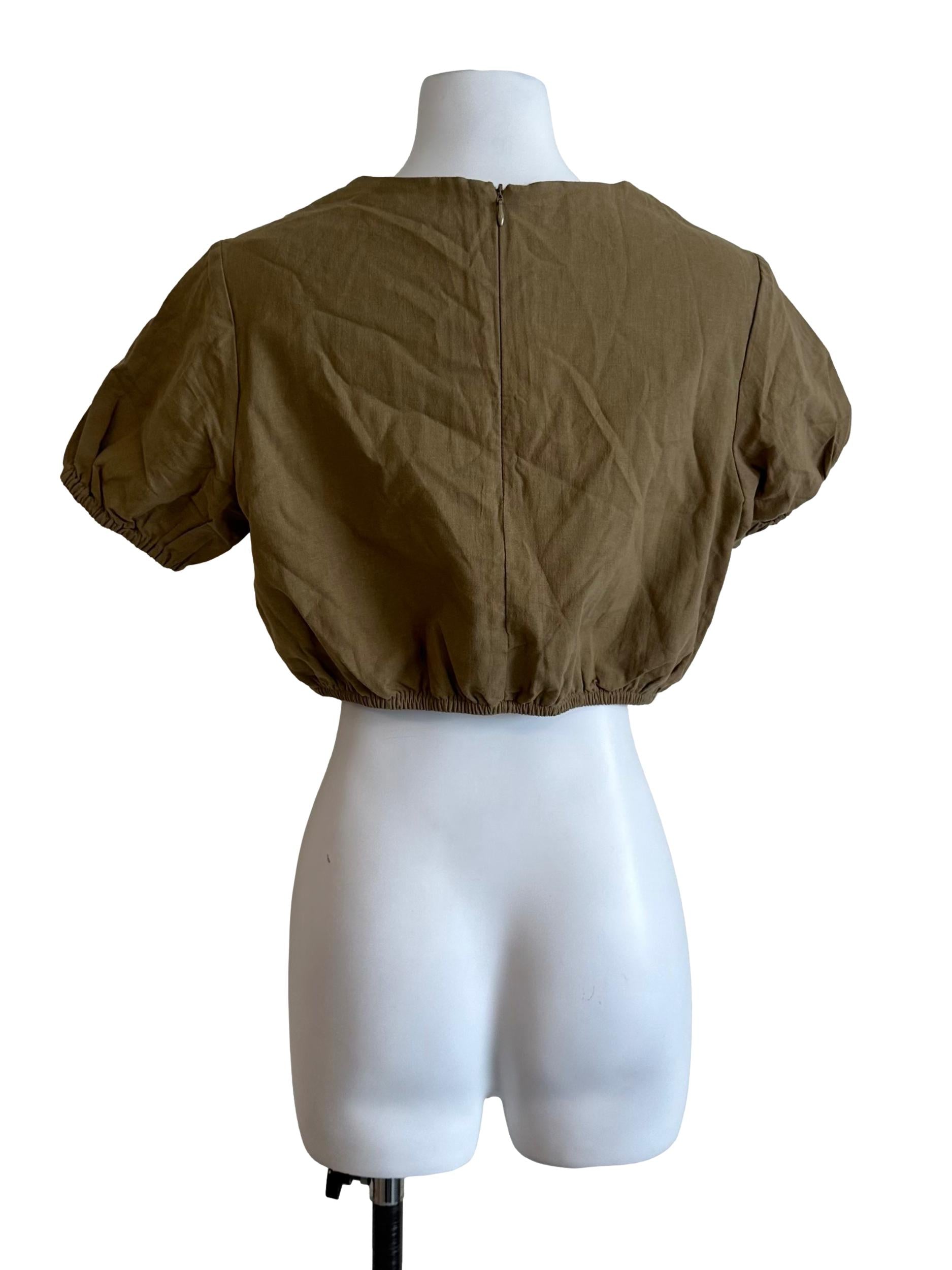 Moss Green Round Neck Puff Sleeve Top