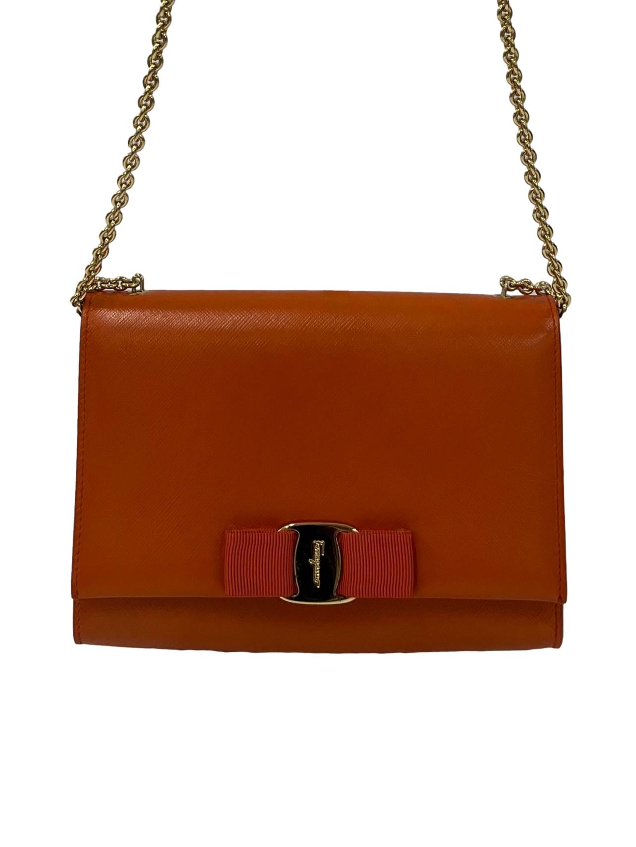Orange Leather Vara Ribbon Chain Shoulder Bag