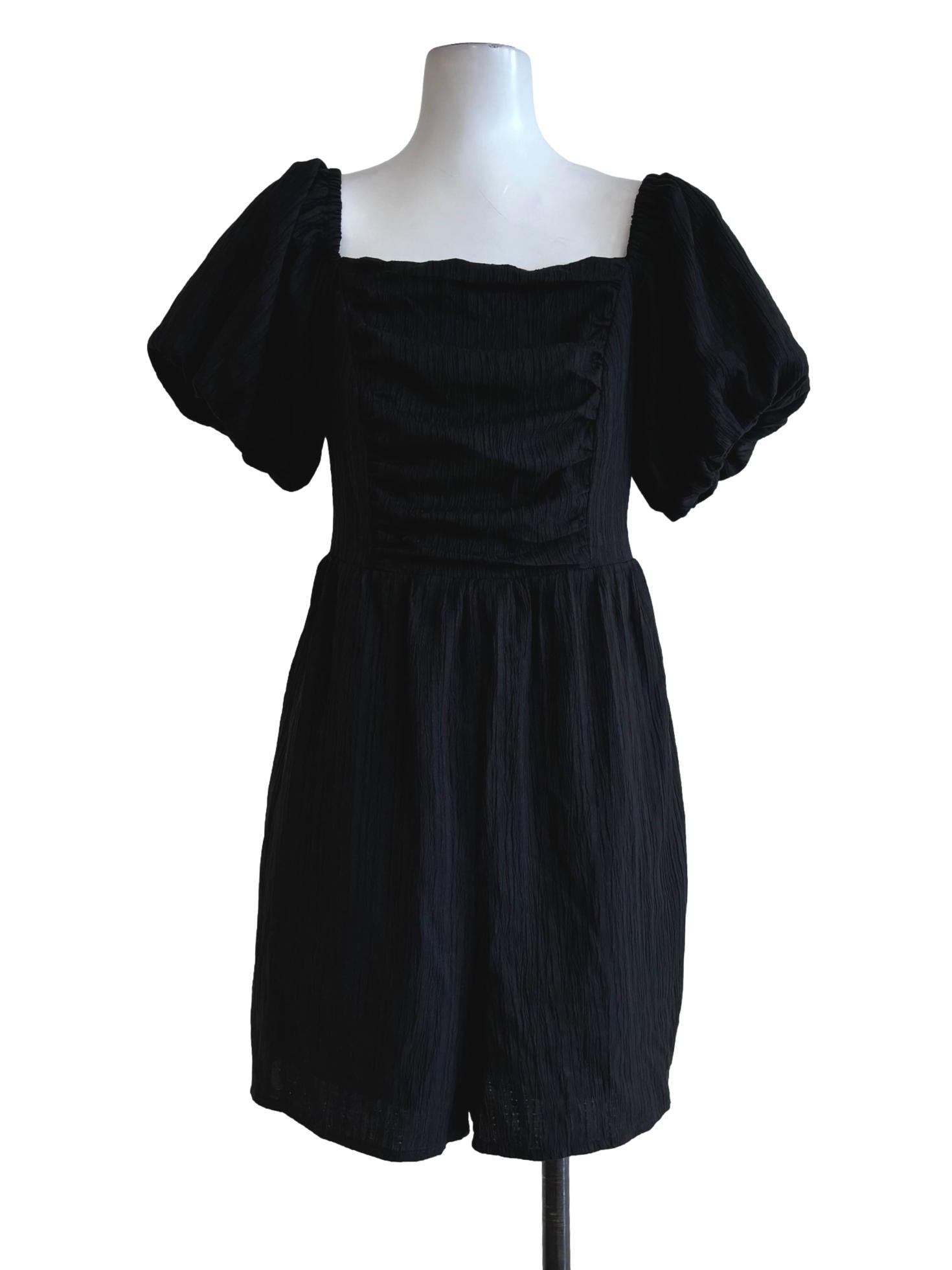 Soft Black Puff Sleeves Crinkled Rompers
